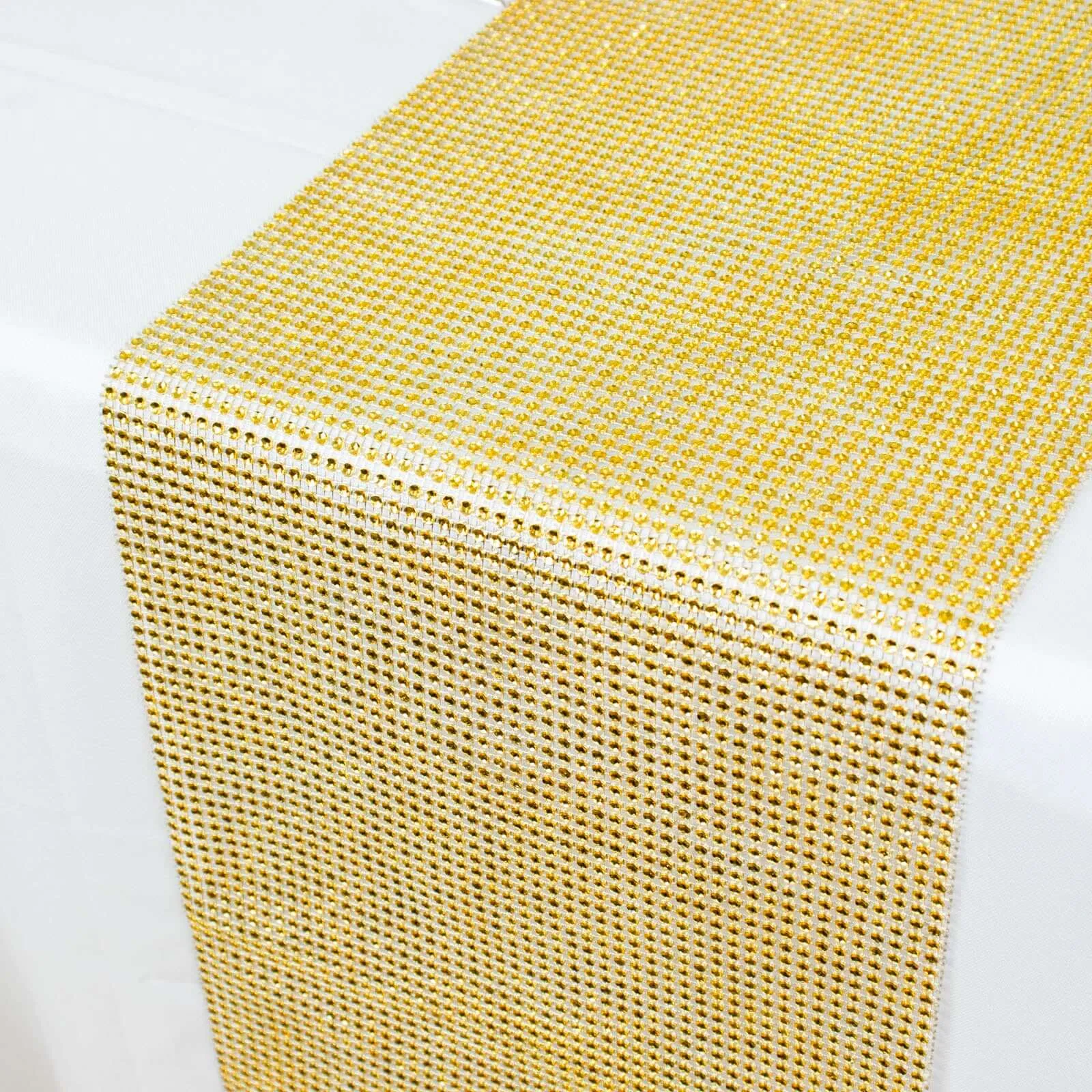 10"x108" Gold Diamond Rhinestone Mesh Table Runner, Crystal Rhinestone Ribbon Bling Roll