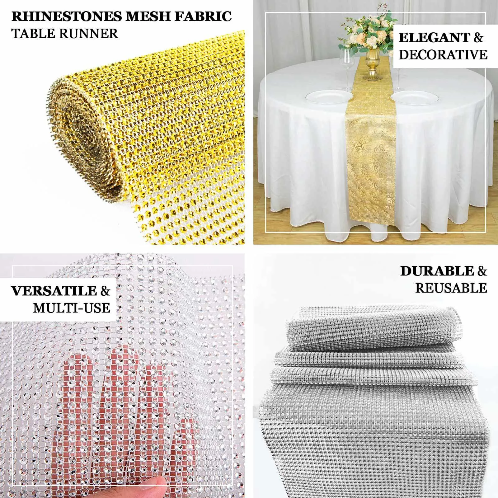 10"x108" Silver Diamond Rhinestone Mesh Table Runner, Crystal Rhinestone Ribbon Bling Roll