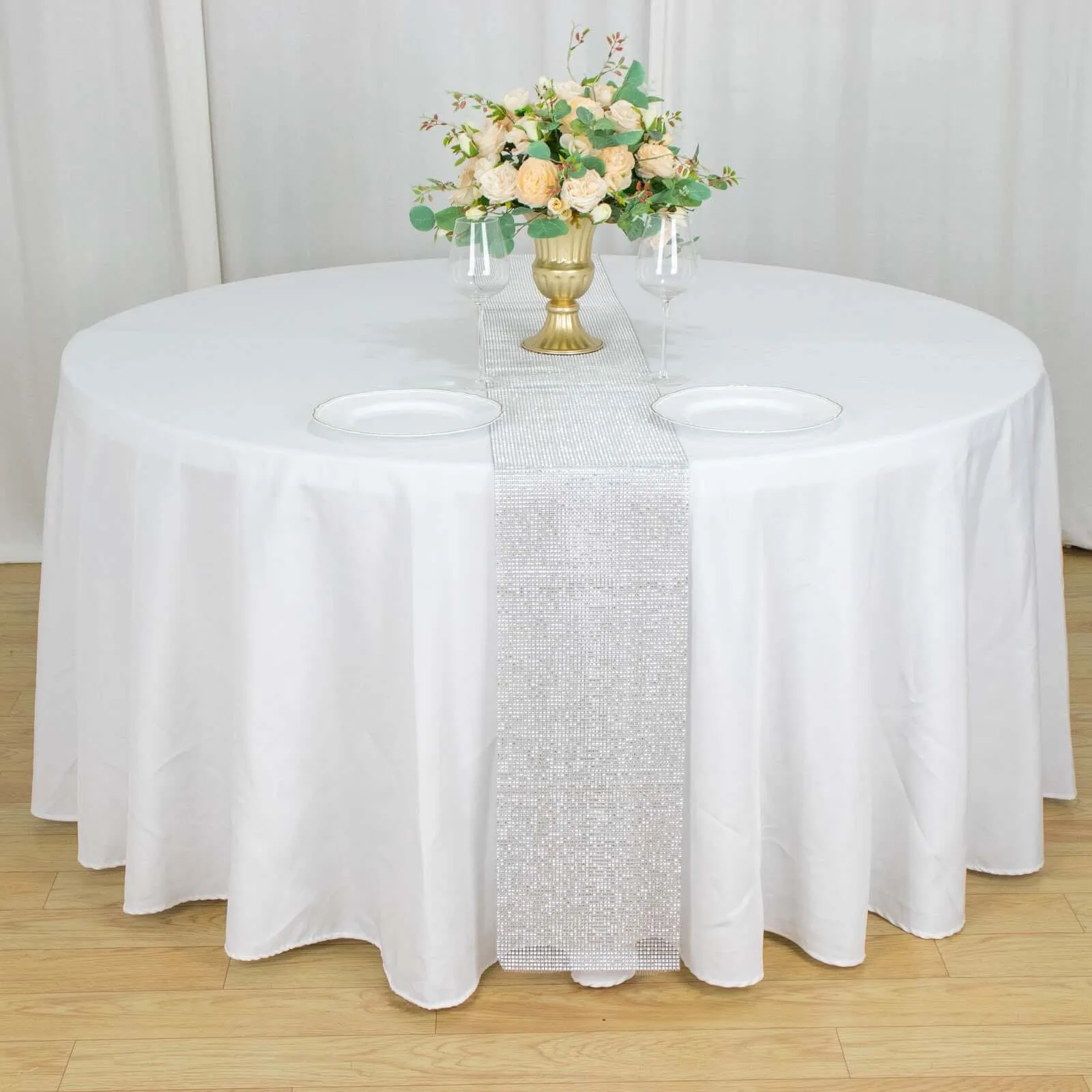 10"x108" Silver Diamond Rhinestone Mesh Table Runner, Crystal Rhinestone Ribbon Bling Roll