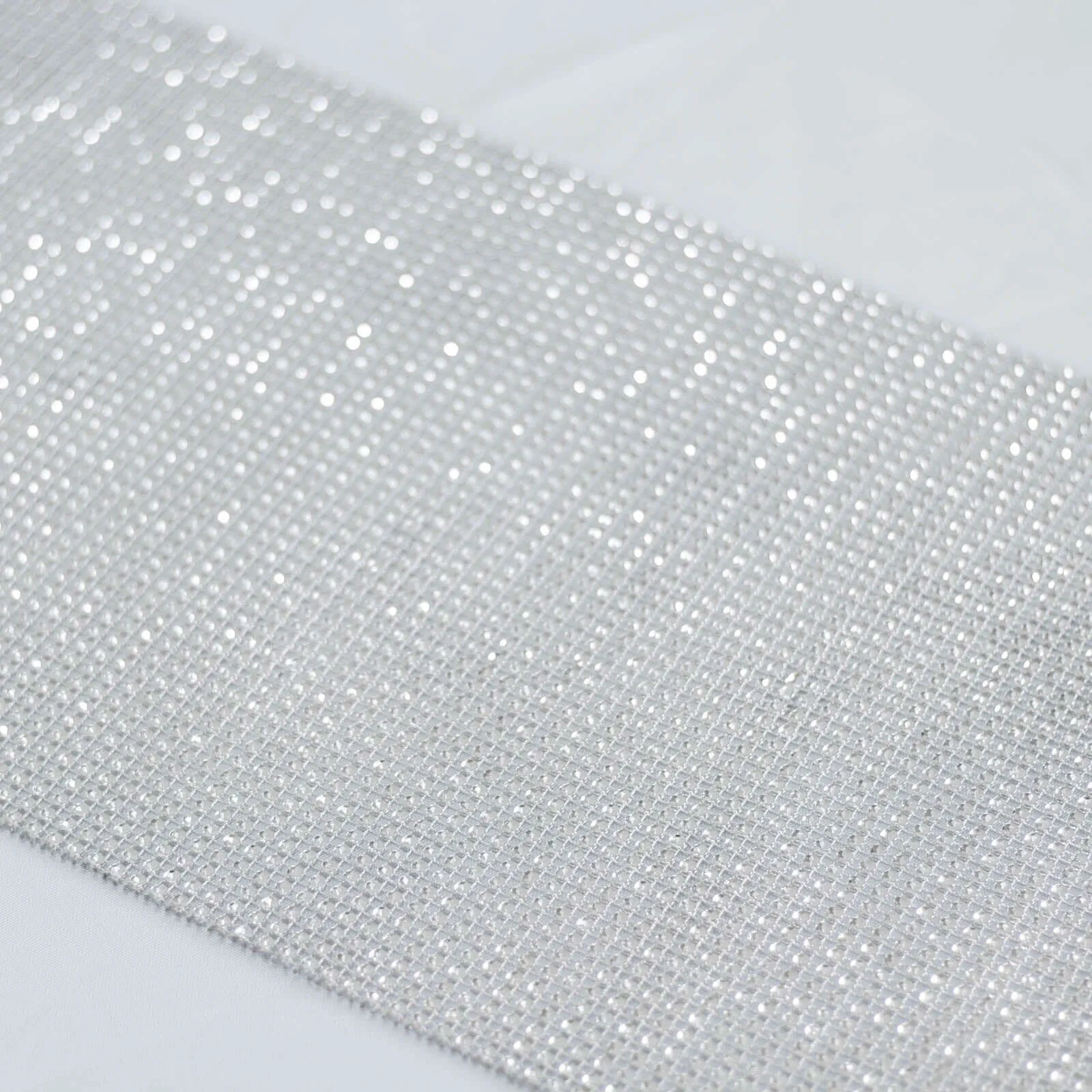 10"x108" Silver Diamond Rhinestone Mesh Table Runner, Crystal Rhinestone Ribbon Bling Roll