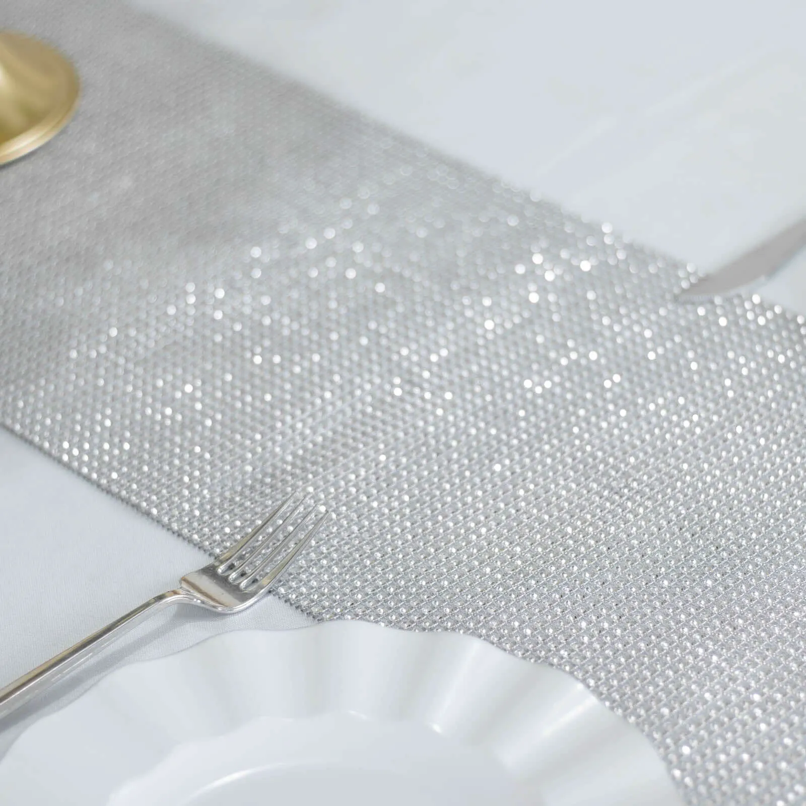 10"x108" Silver Diamond Rhinestone Mesh Table Runner, Crystal Rhinestone Ribbon Bling Roll