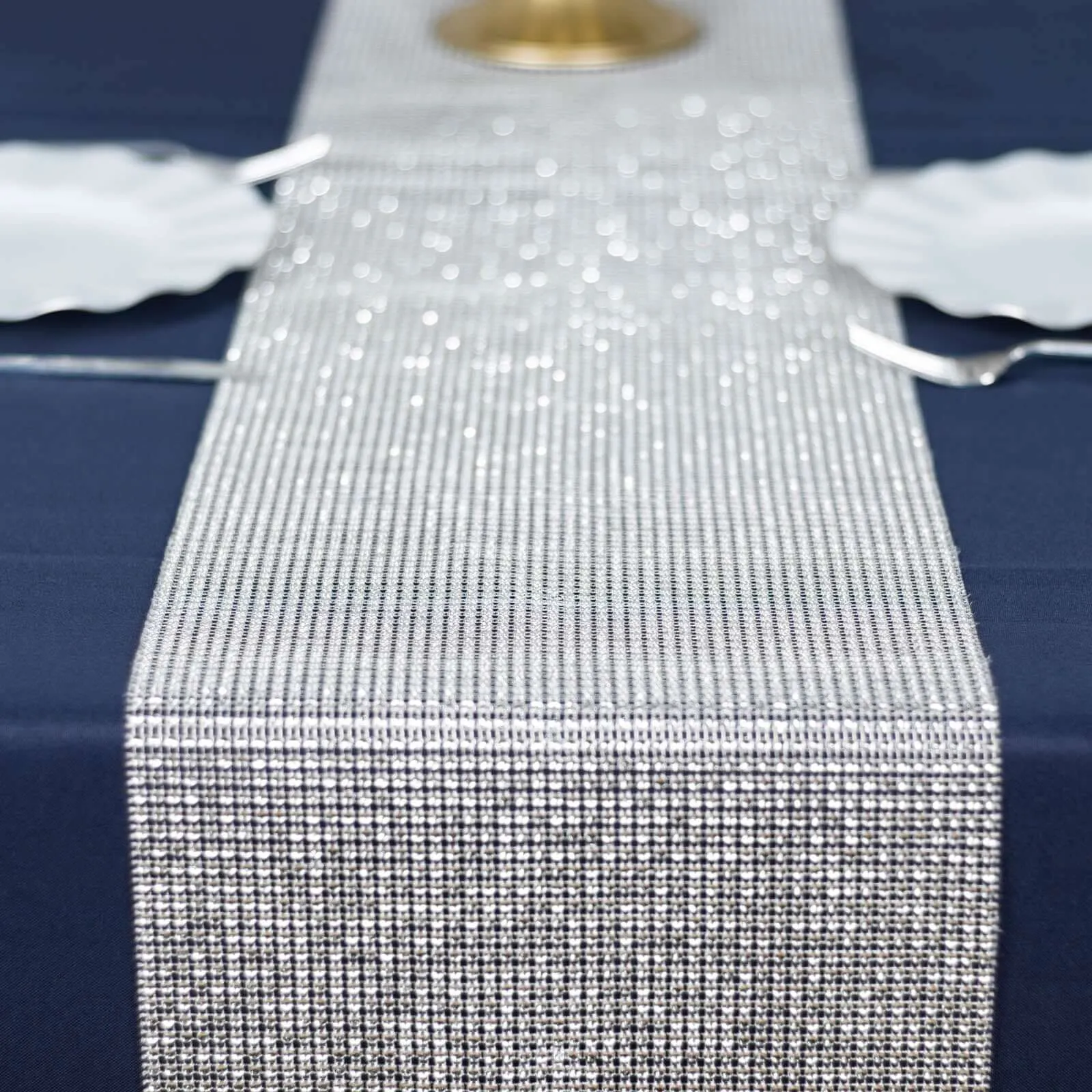 10"x108" Silver Diamond Rhinestone Mesh Table Runner, Crystal Rhinestone Ribbon Bling Roll