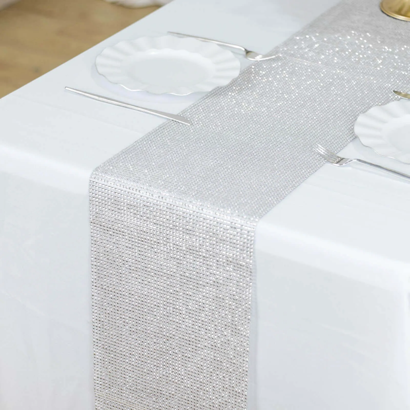 10"x108" Silver Diamond Rhinestone Mesh Table Runner, Crystal Rhinestone Ribbon Bling Roll