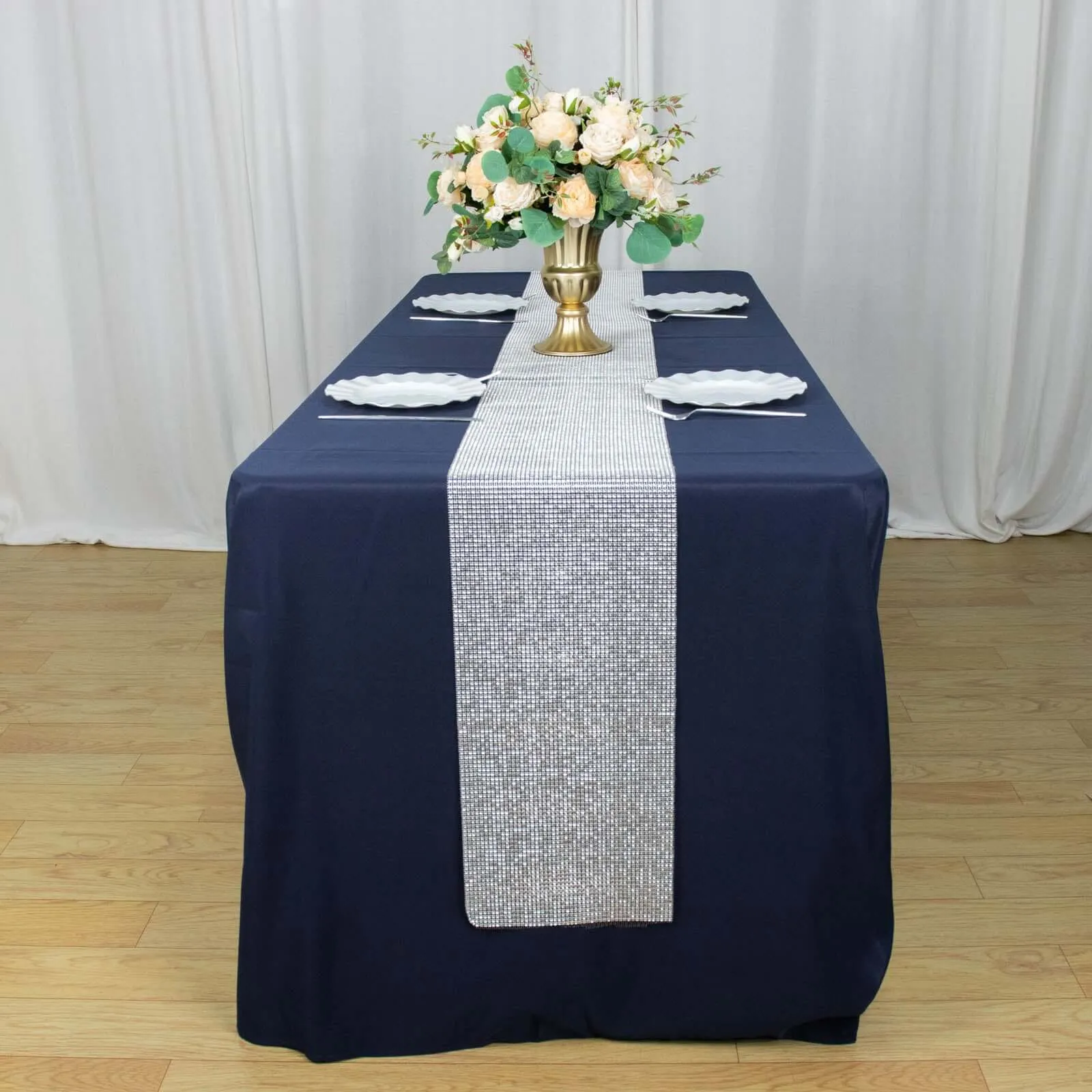 10"x108" Silver Diamond Rhinestone Mesh Table Runner, Crystal Rhinestone Ribbon Bling Roll