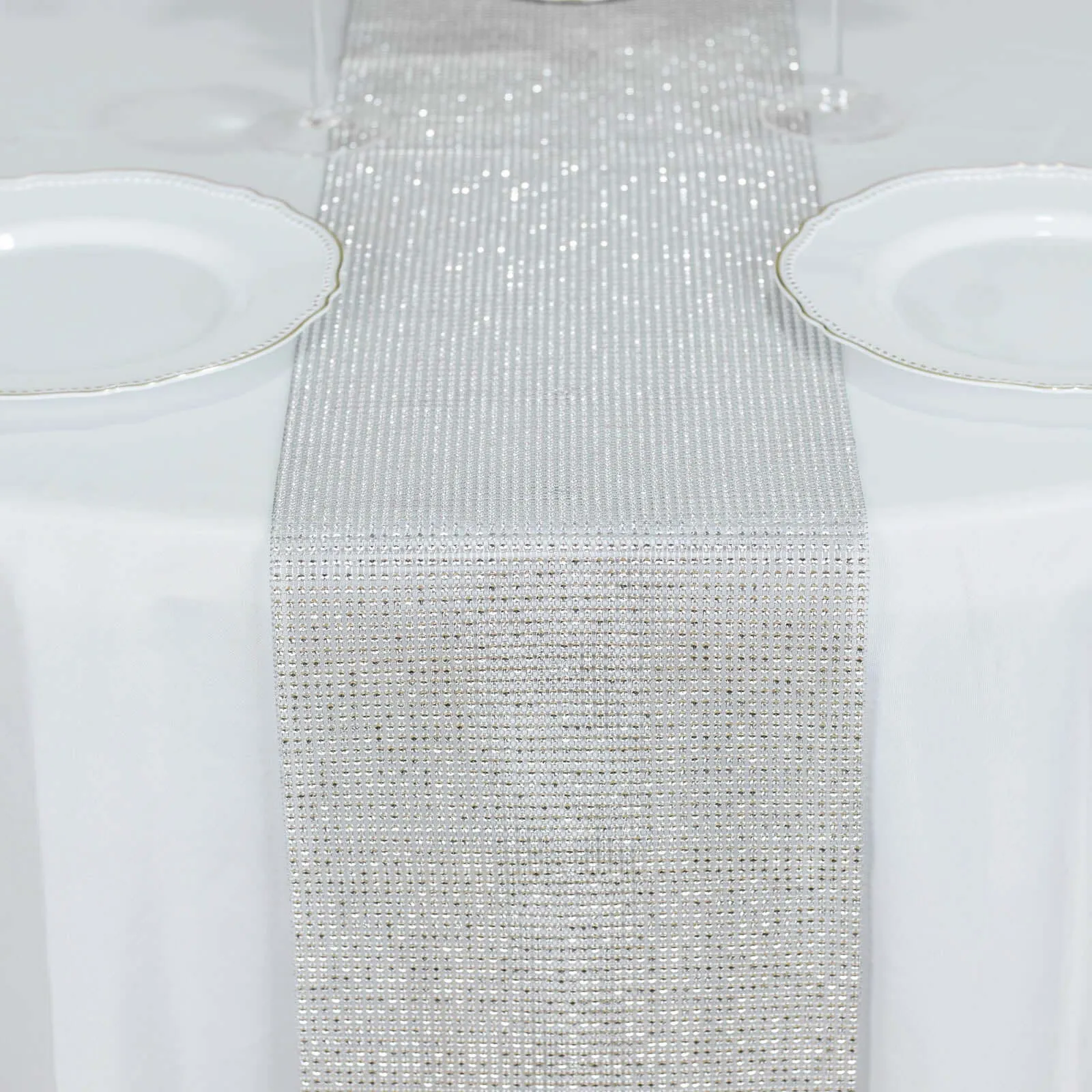 10"x108" Silver Diamond Rhinestone Mesh Table Runner, Crystal Rhinestone Ribbon Bling Roll