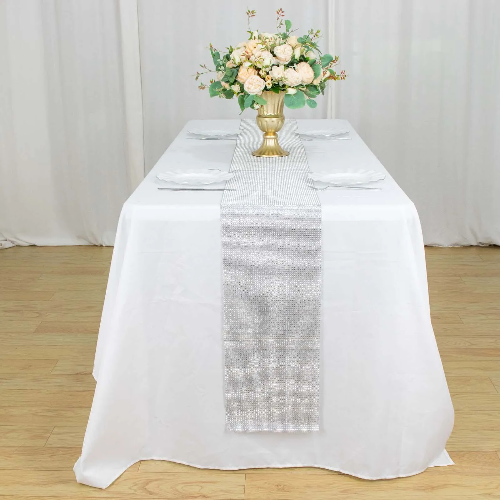 10"x108" Silver Diamond Rhinestone Mesh Table Runner, Crystal Rhinestone Ribbon Bling Roll