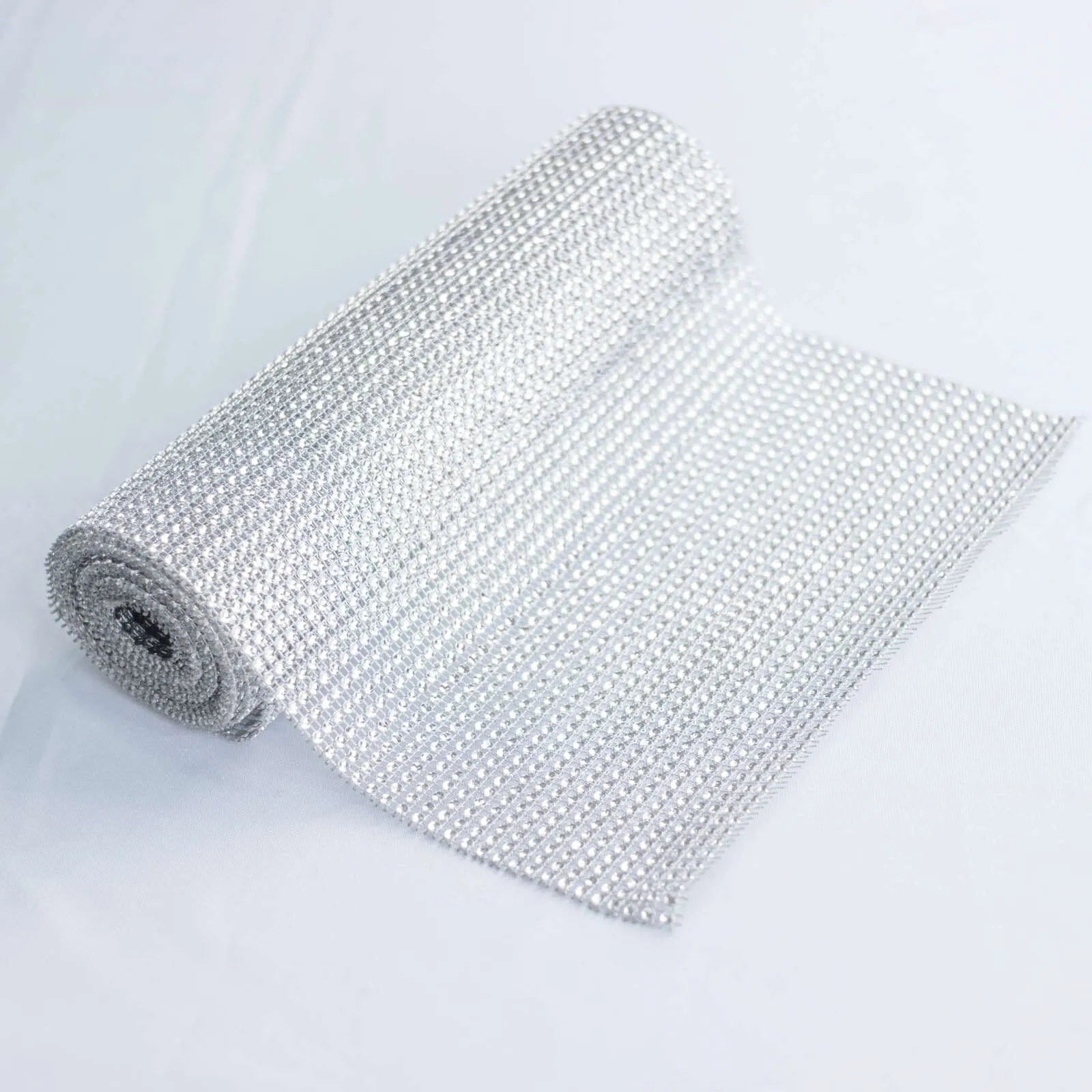 10"x108" Silver Diamond Rhinestone Mesh Table Runner, Crystal Rhinestone Ribbon Bling Roll