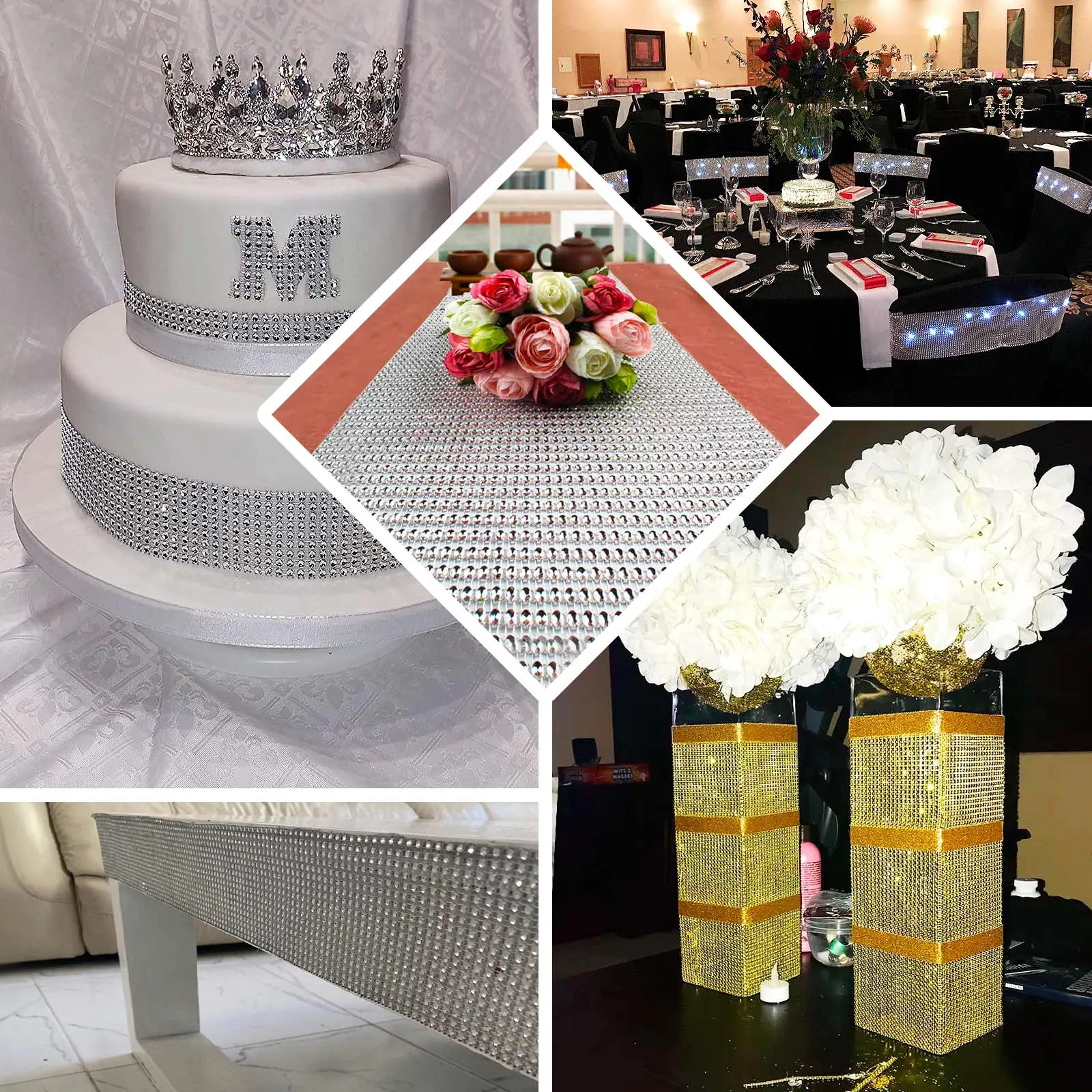 10"x108" Silver Diamond Rhinestone Mesh Table Runner, Crystal Rhinestone Ribbon Bling Roll