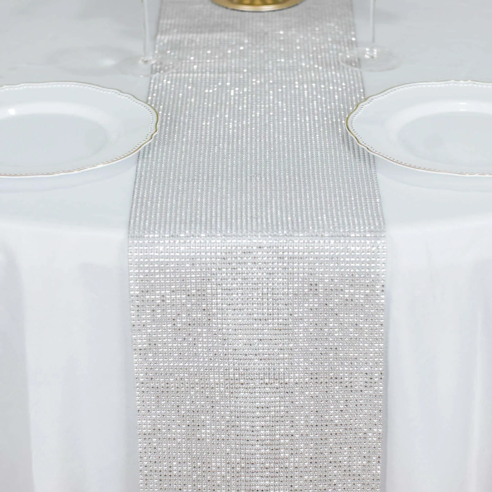 10"x108" Silver Diamond Rhinestone Mesh Table Runner, Crystal Rhinestone Ribbon Bling Roll