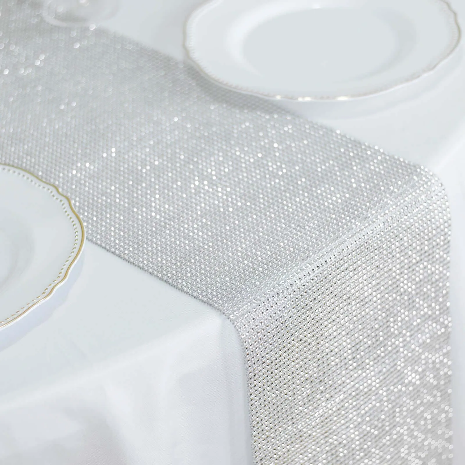 10"x108" Silver Diamond Rhinestone Mesh Table Runner, Crystal Rhinestone Ribbon Bling Roll