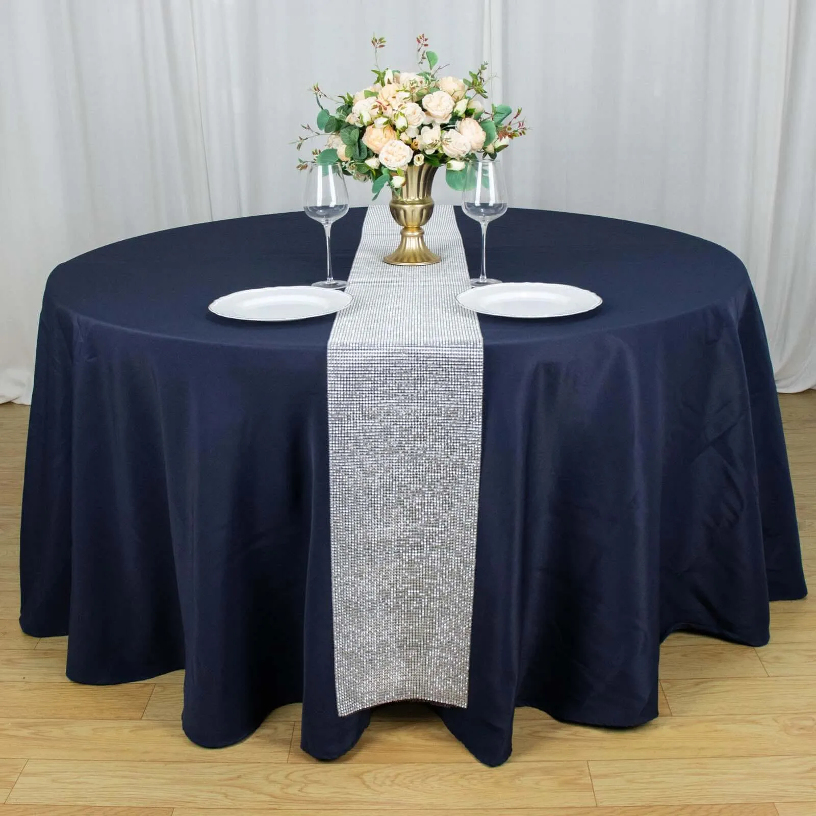 10"x108" Silver Diamond Rhinestone Mesh Table Runner, Crystal Rhinestone Ribbon Bling Roll
