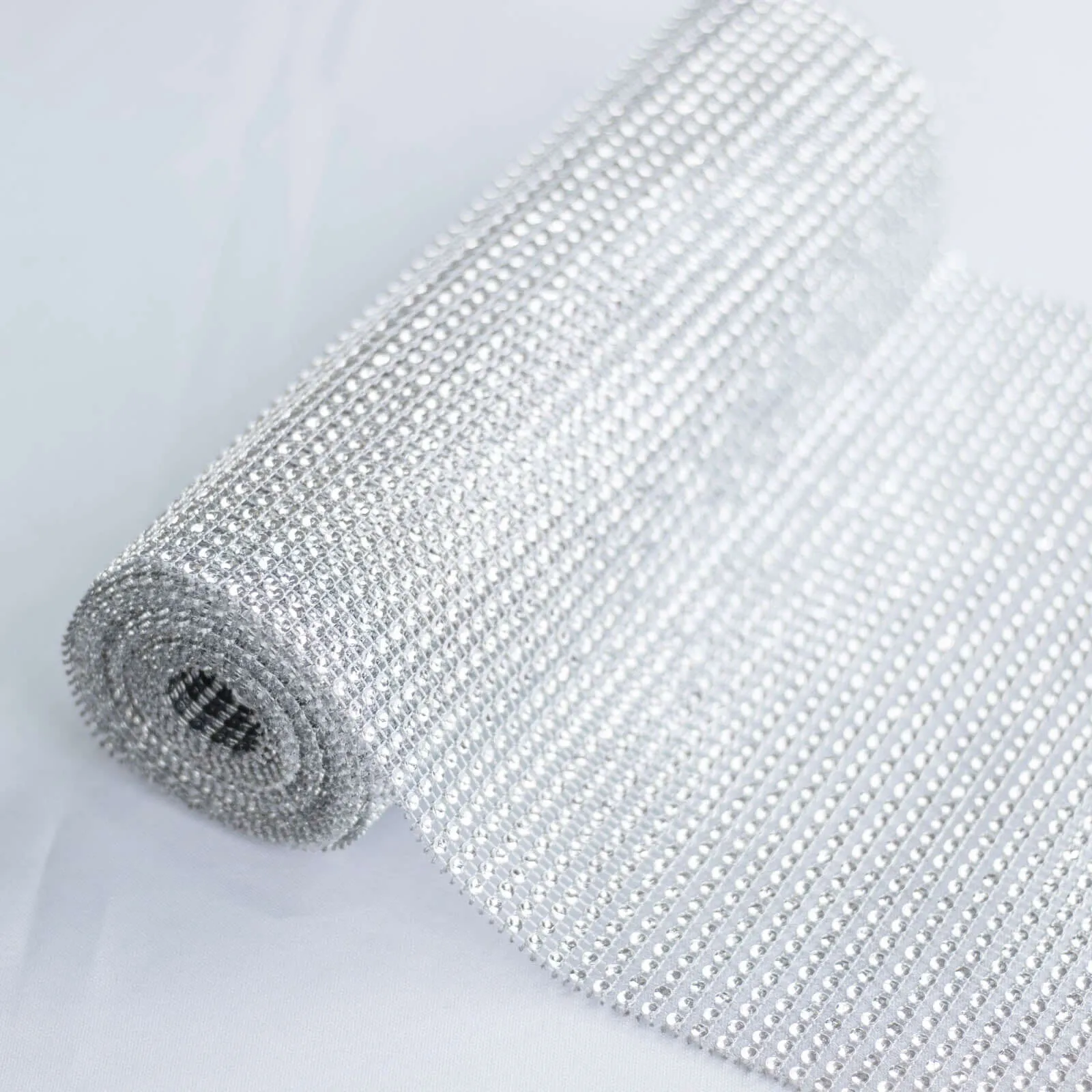 10"x108" Silver Diamond Rhinestone Mesh Table Runner, Crystal Rhinestone Ribbon Bling Roll