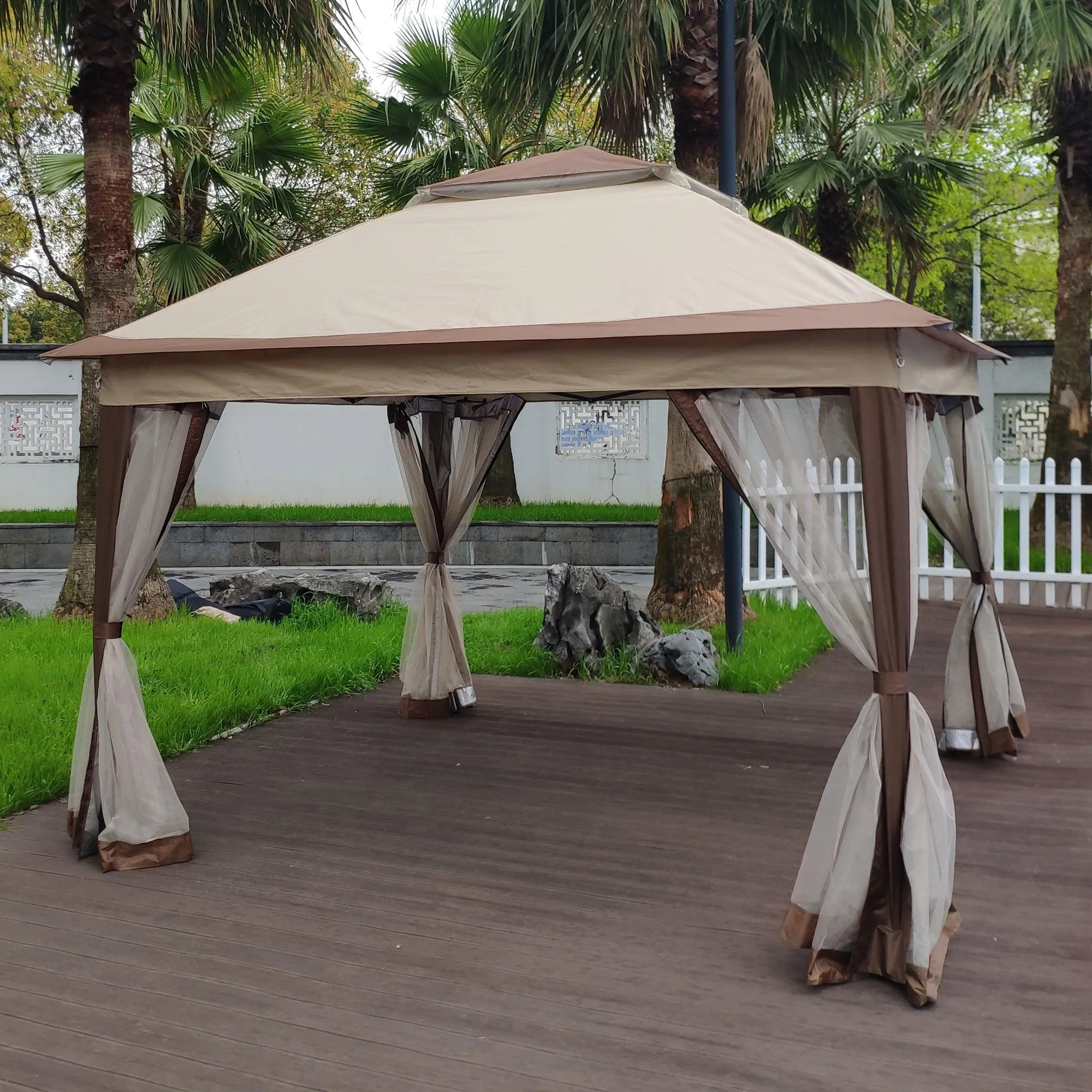 11x 11Ft Gazebo Canopy With Removable Zipper Netting,2-Tier Soft Top Event Tent,Coffee
