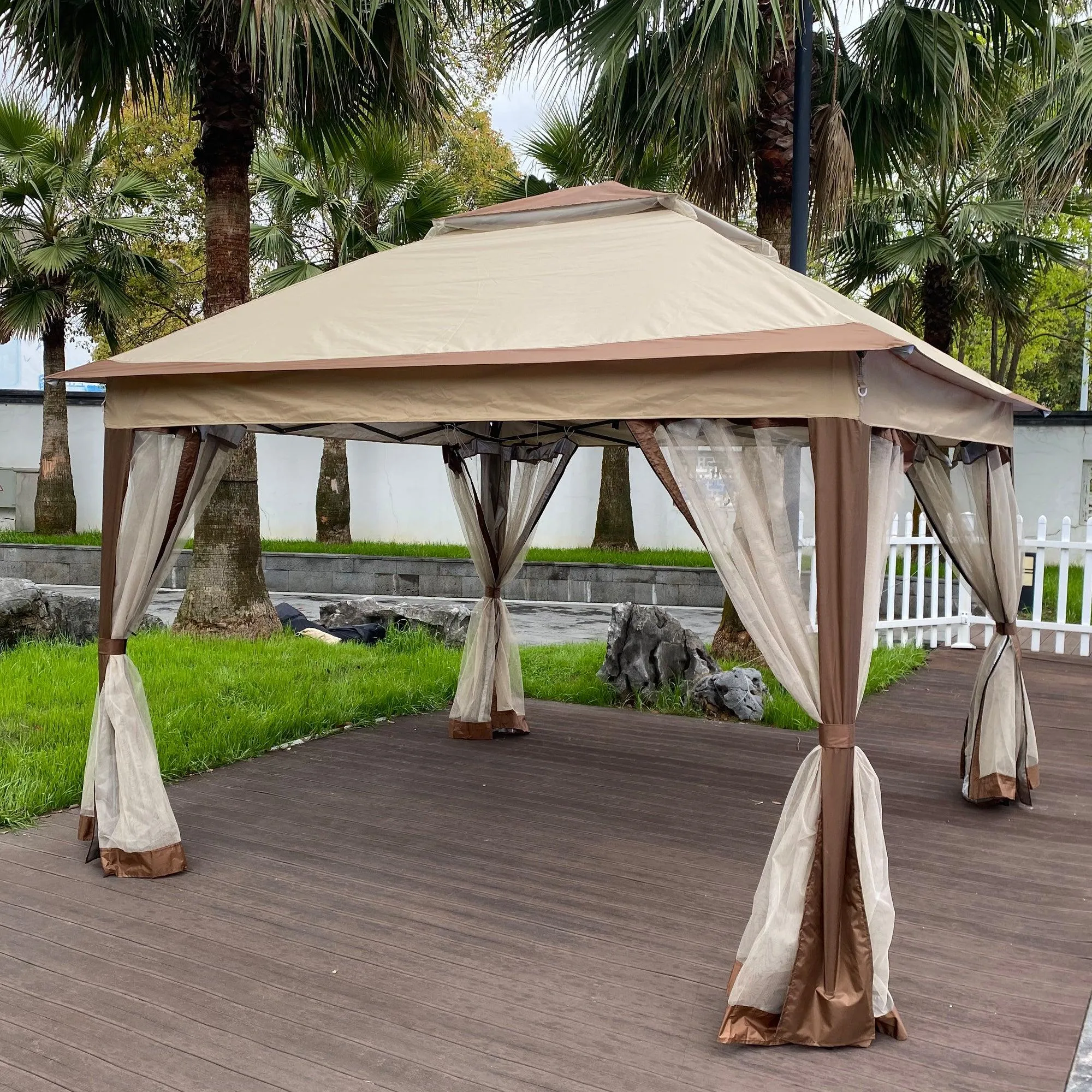11x 11Ft Gazebo Canopy With Removable Zipper Netting,2-Tier Soft Top Event Tent,Coffee