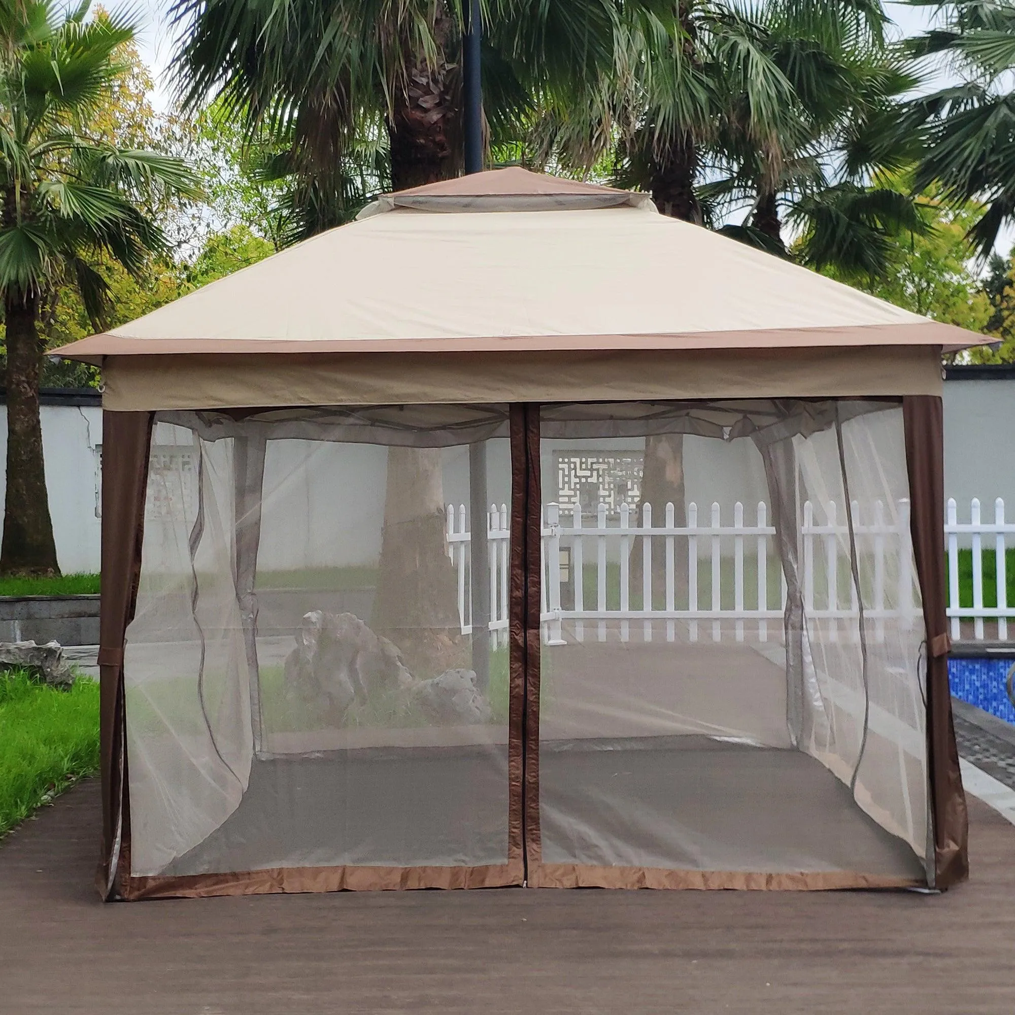 11x 11Ft Gazebo Canopy With Removable Zipper Netting,2-Tier Soft Top Event Tent,Coffee