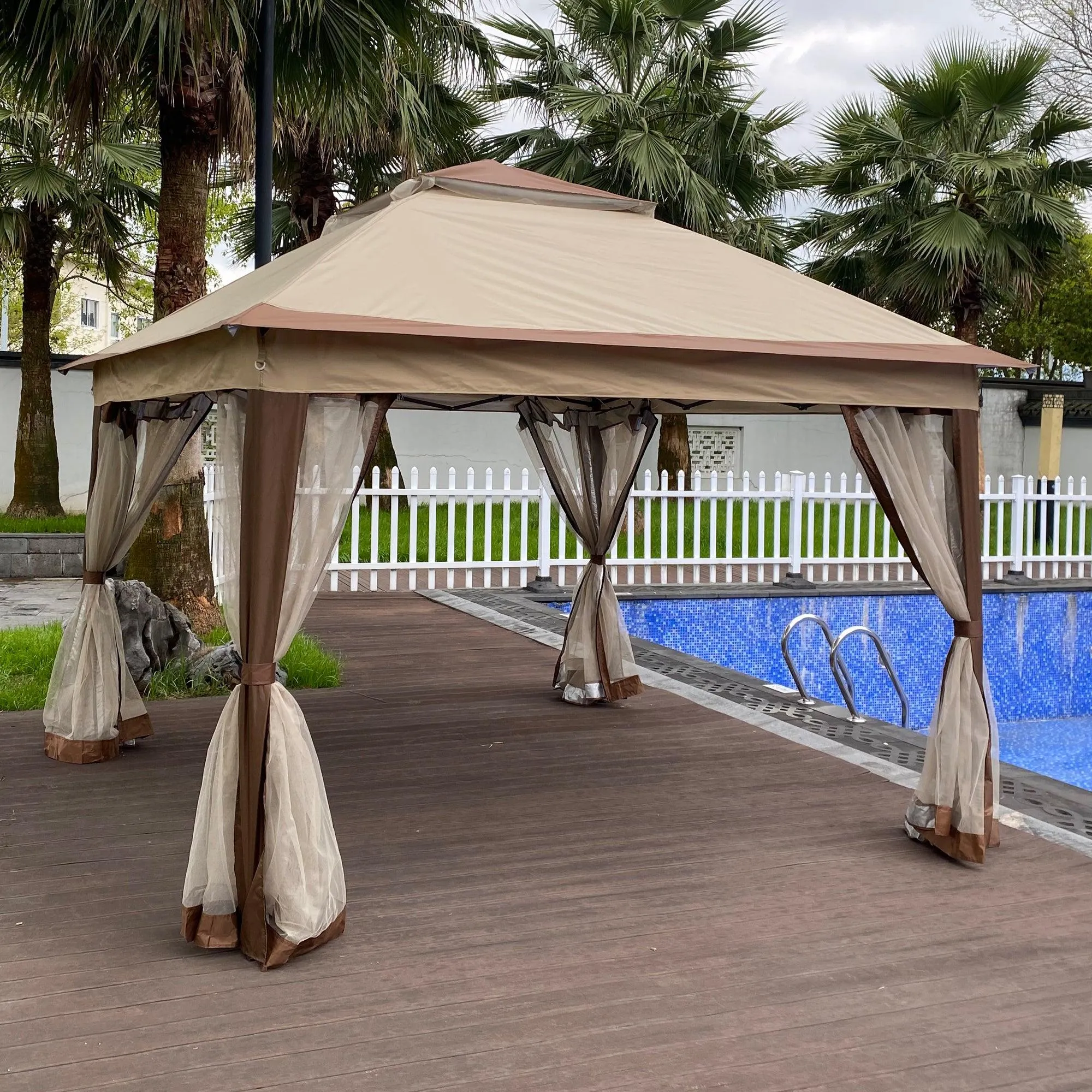 11x 11Ft Gazebo Canopy With Removable Zipper Netting,2-Tier Soft Top Event Tent,Coffee
