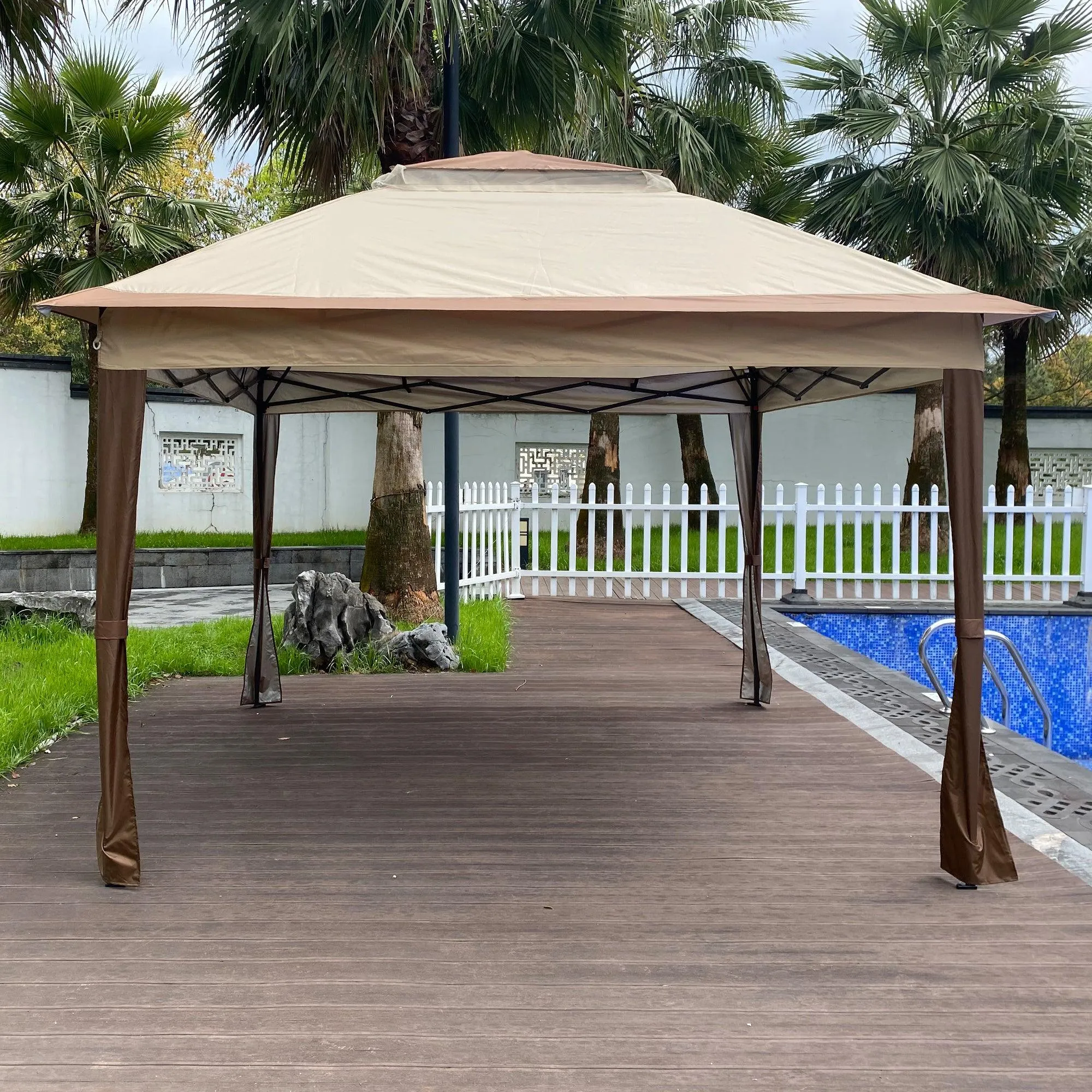 11x 11Ft Gazebo Canopy With Removable Zipper Netting,2-Tier Soft Top Event Tent,Coffee