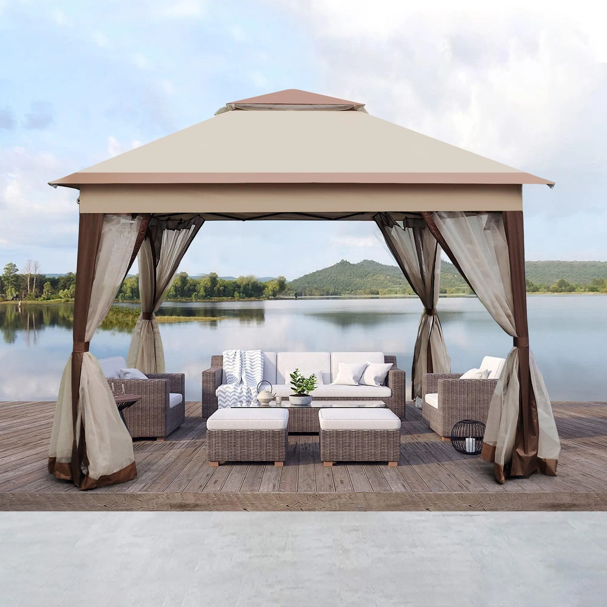 11x 11Ft Gazebo Canopy With Removable Zipper Netting,2-Tier Soft Top Event Tent,Coffee