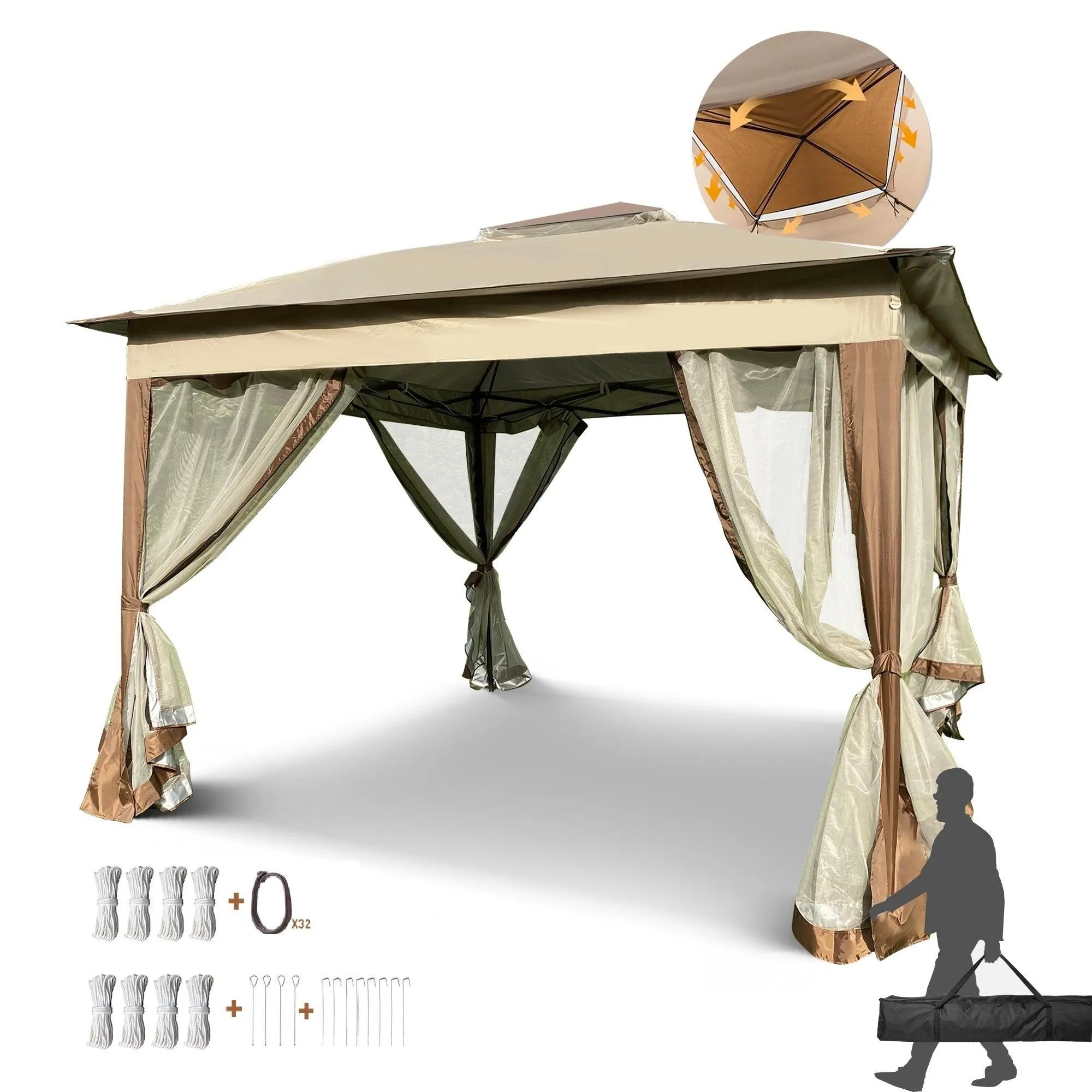 11x 11Ft Gazebo Canopy With Removable Zipper Netting,2-Tier Soft Top Event Tent,Coffee