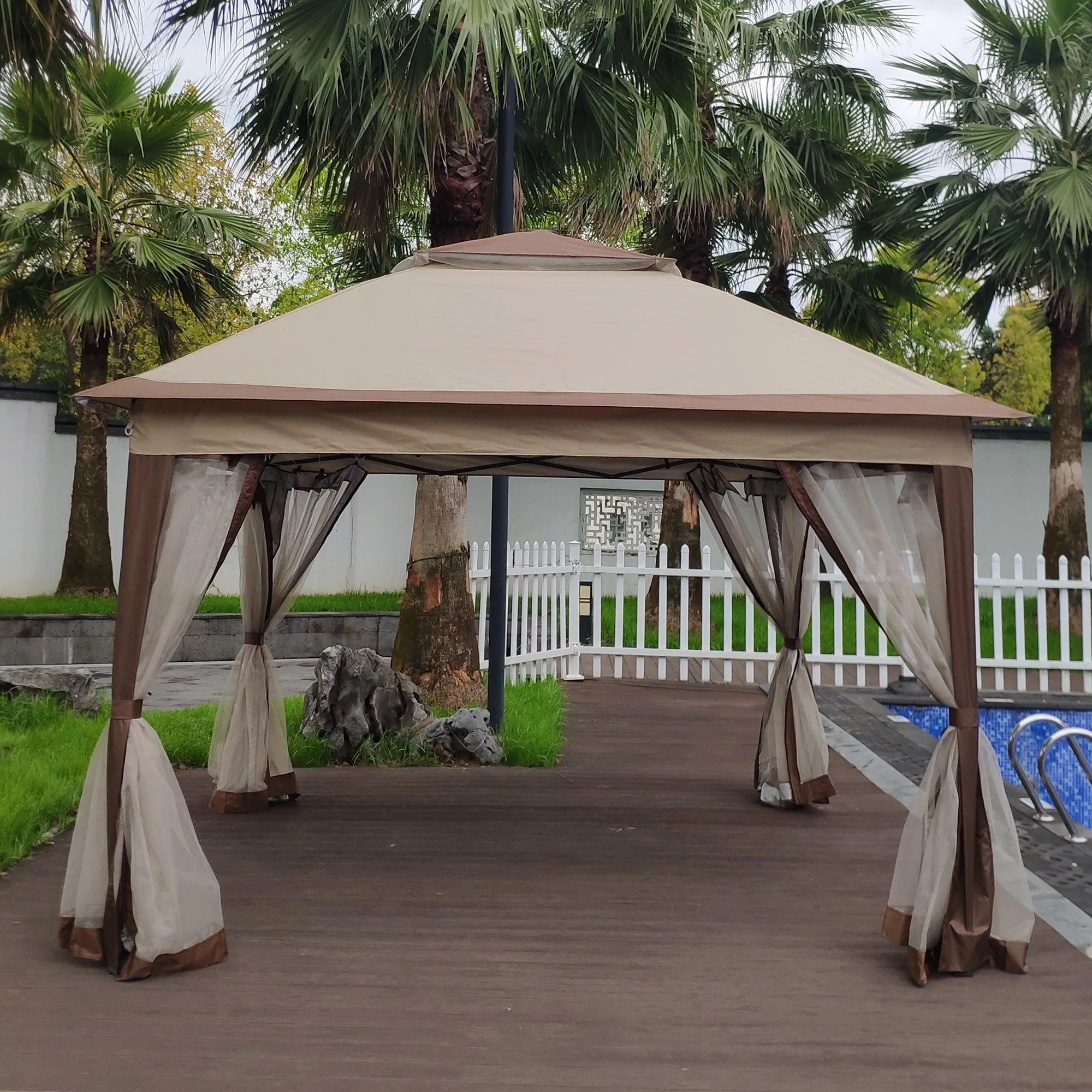 11x 11Ft Gazebo Canopy With Removable Zipper Netting,2-Tier Soft Top Event Tent,Coffee