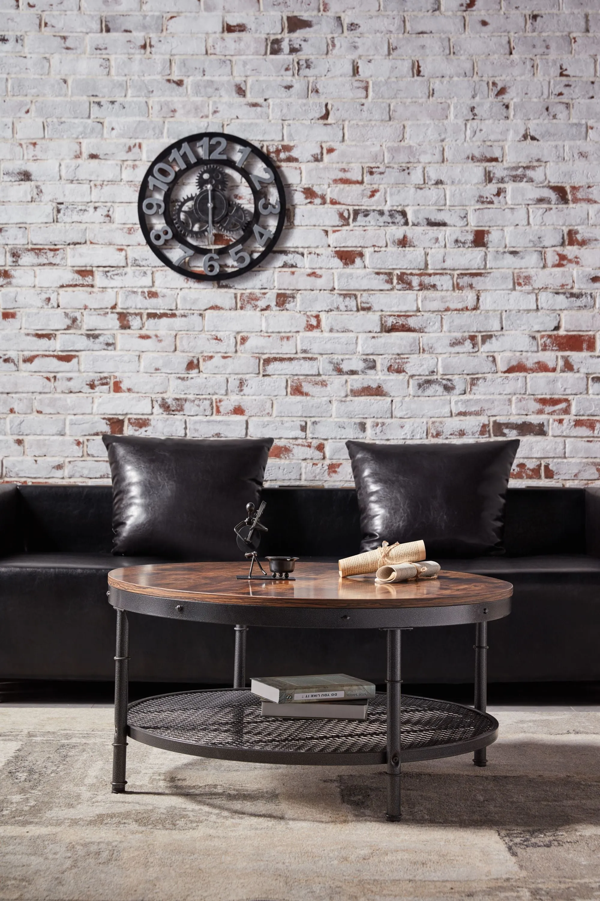 2-Tier Single Panel Round Coffee Table for Living Room and Bedroom, with 3D Texture Metal Frame and Mesh