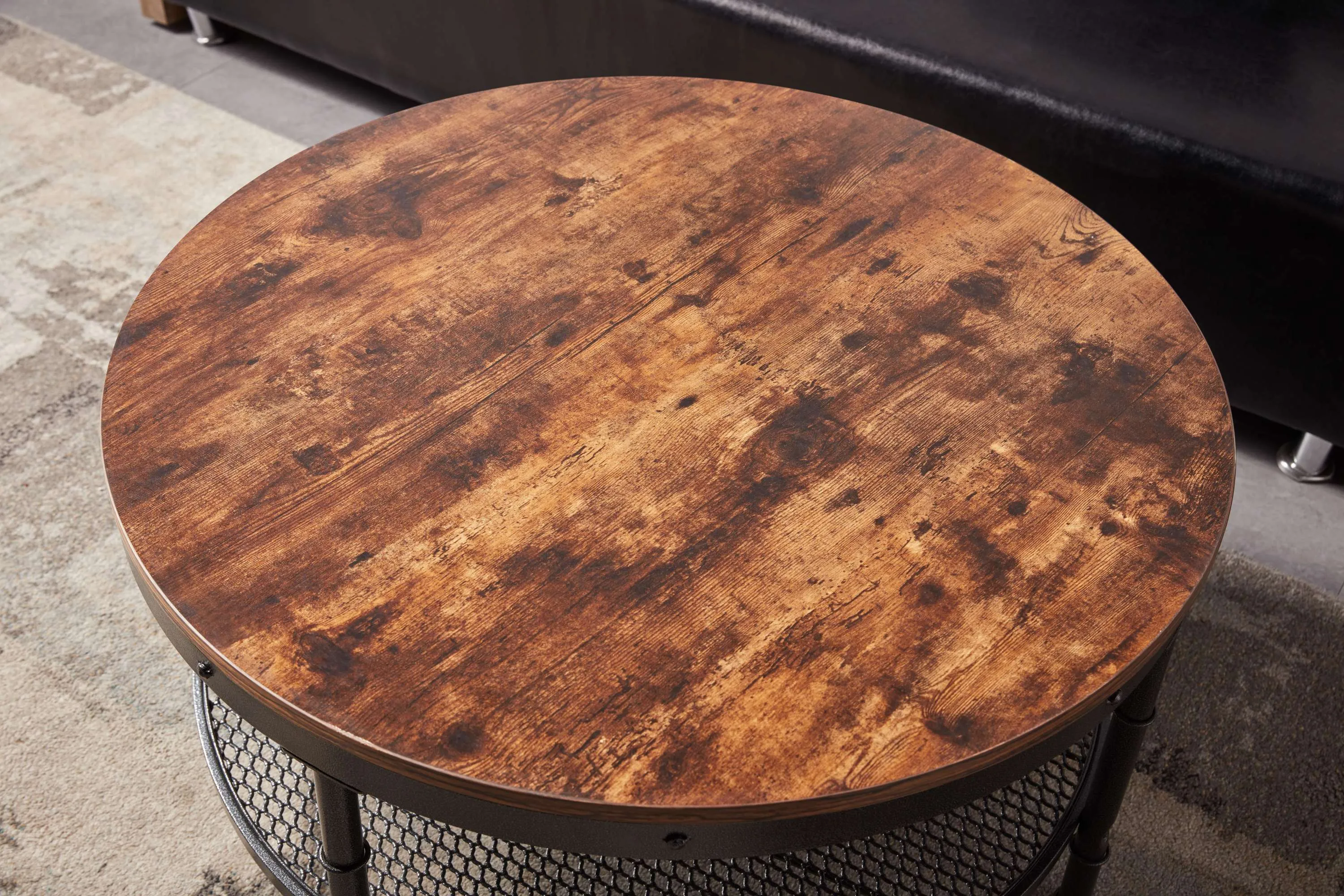 2-Tier Single Panel Round Coffee Table for Living Room and Bedroom, with 3D Texture Metal Frame and Mesh