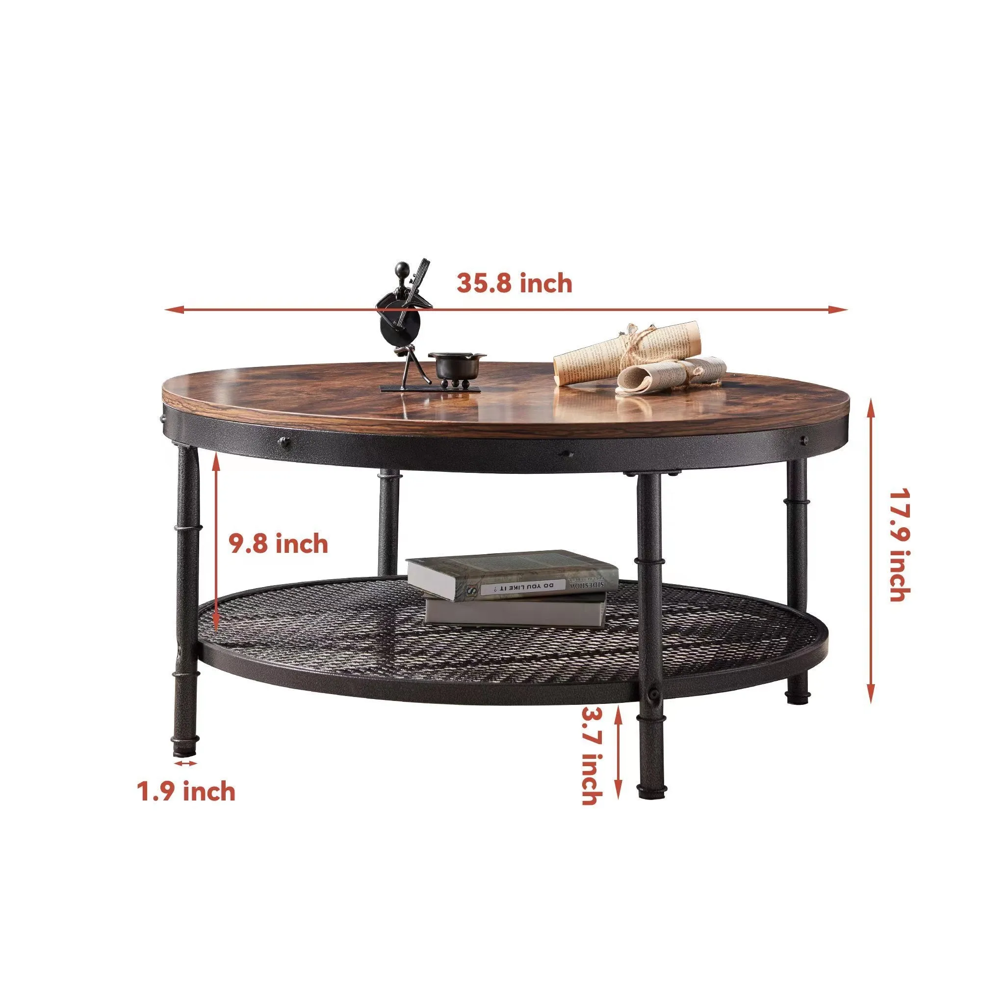 2-Tier Single Panel Round Coffee Table for Living Room and Bedroom, with 3D Texture Metal Frame and Mesh