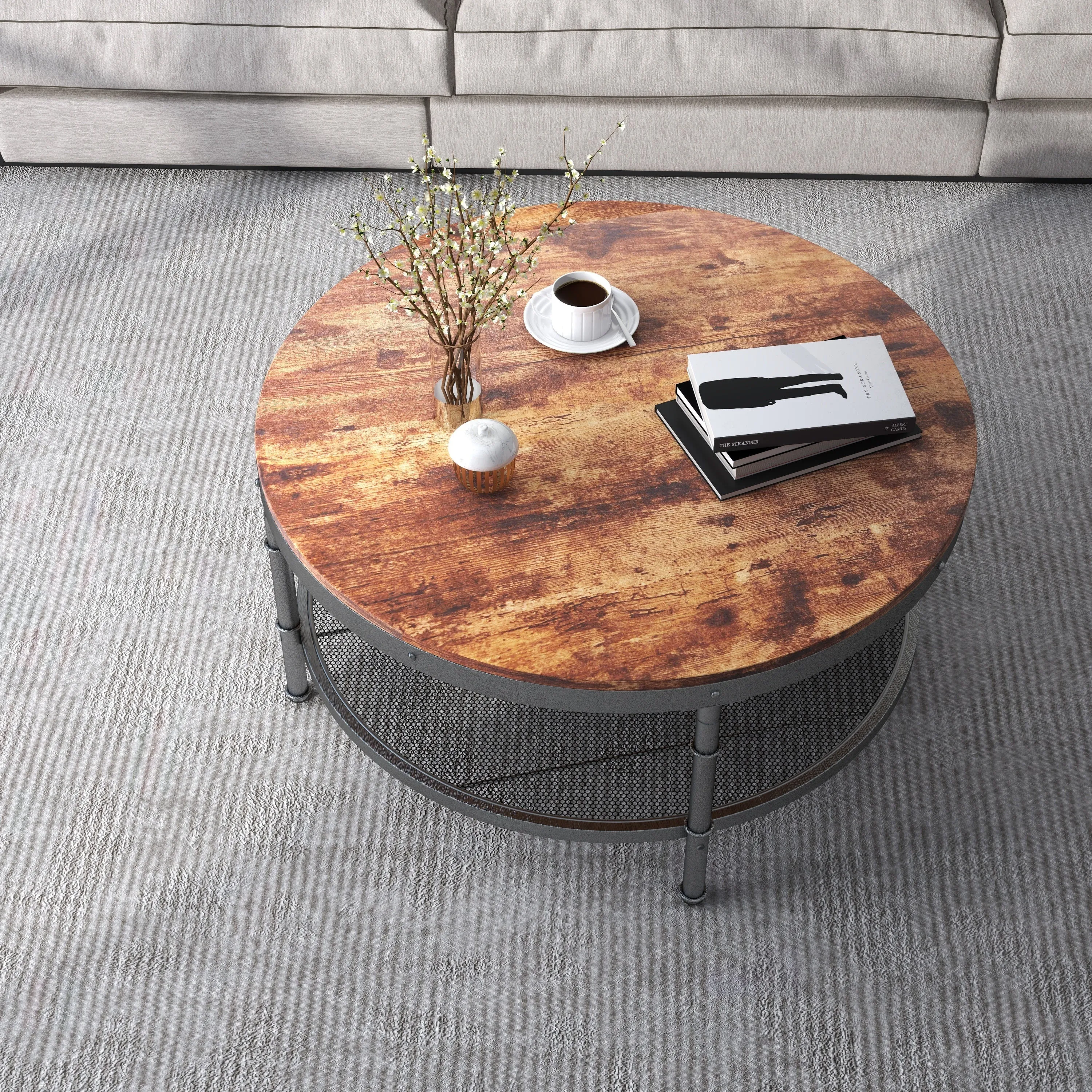 2-Tier Single Panel Round Coffee Table for Living Room and Bedroom, with 3D Texture Metal Frame and Mesh