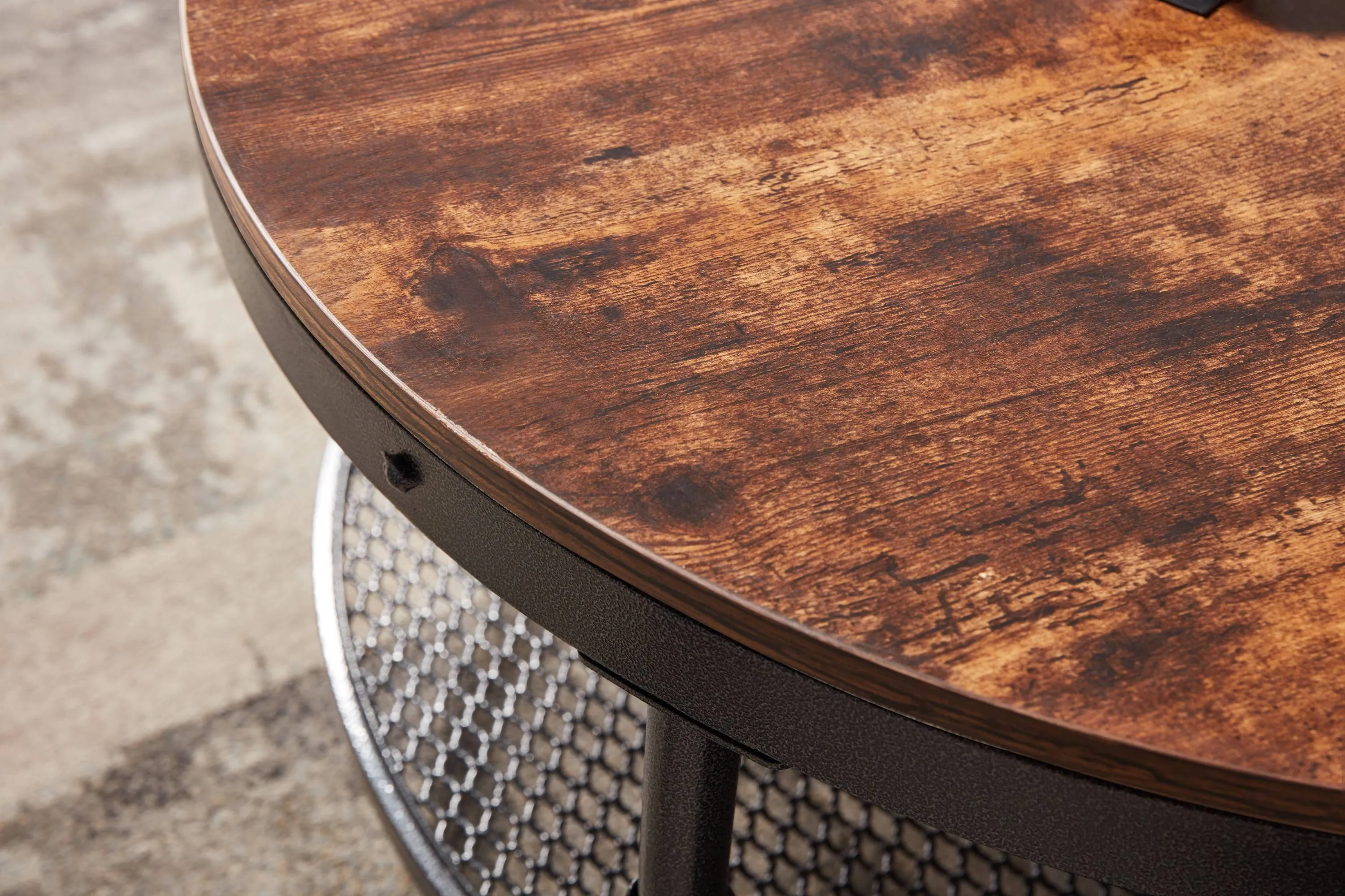 2-Tier Single Panel Round Coffee Table for Living Room and Bedroom, with 3D Texture Metal Frame and Mesh