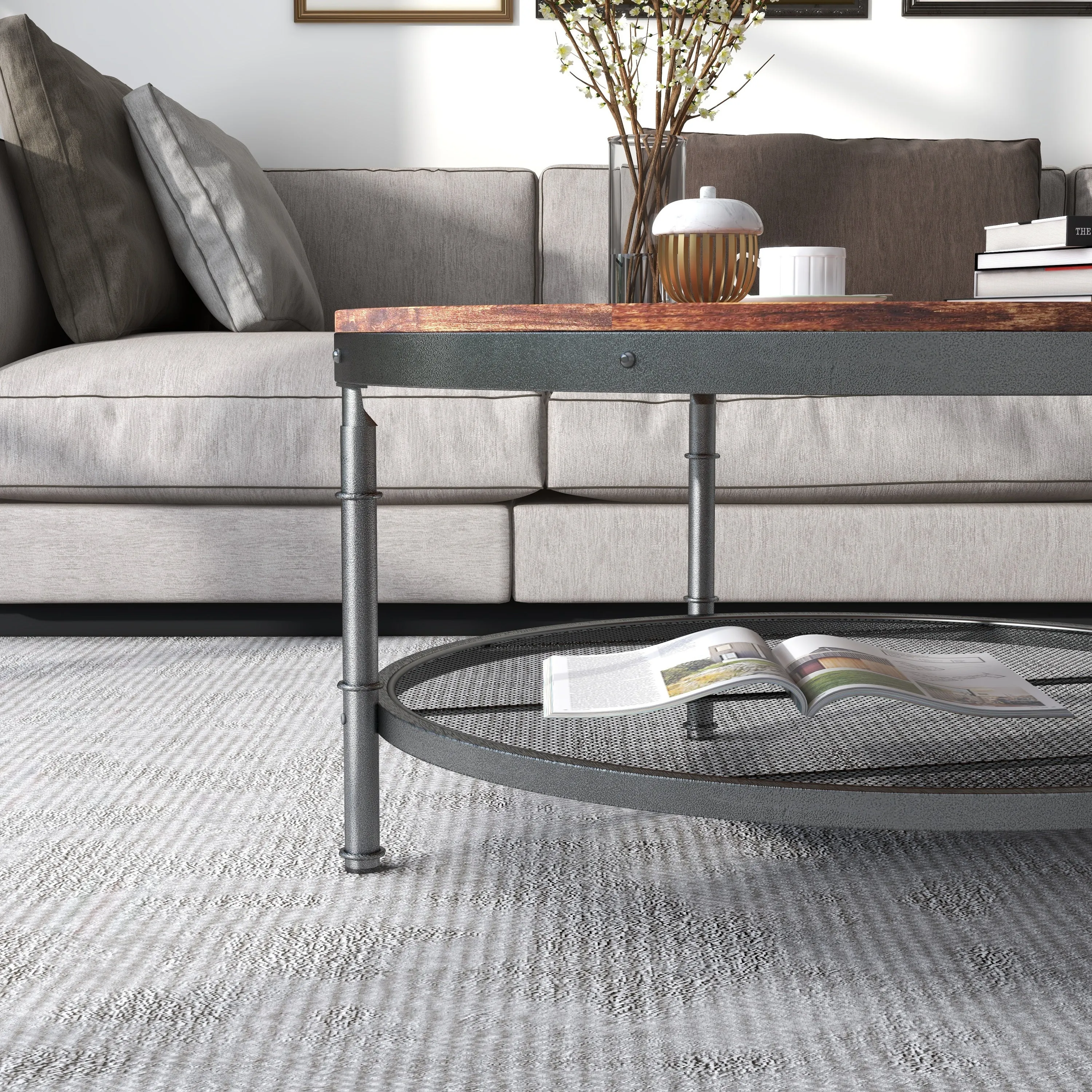 2-Tier Single Panel Round Coffee Table for Living Room and Bedroom, with 3D Texture Metal Frame and Mesh