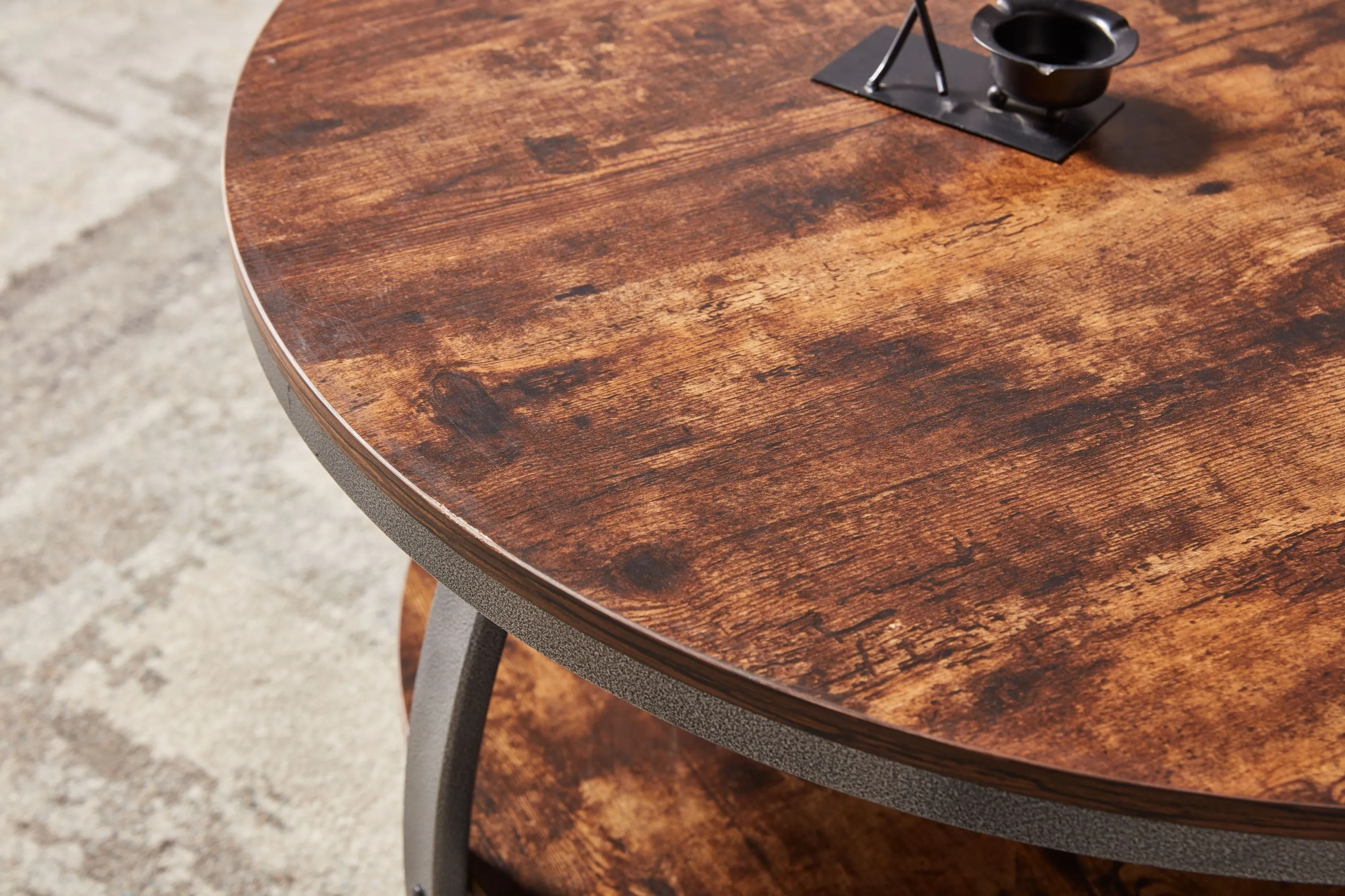 2-Tier Single Panel Round Coffee Table for Living Room and Bedroom, with 3D Texture Metal Frame and Mesh