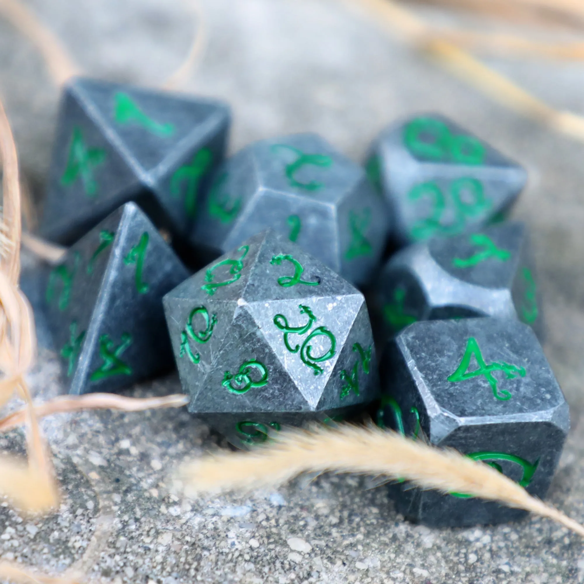 Ancient Dragon’s Breath Green Metal 7pc Dice Set