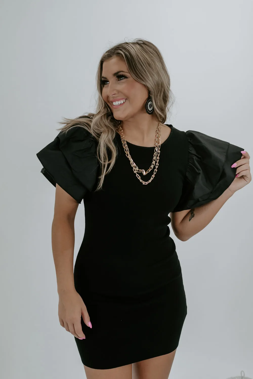 Attention Please Ruffle Sleeve Dress, Black