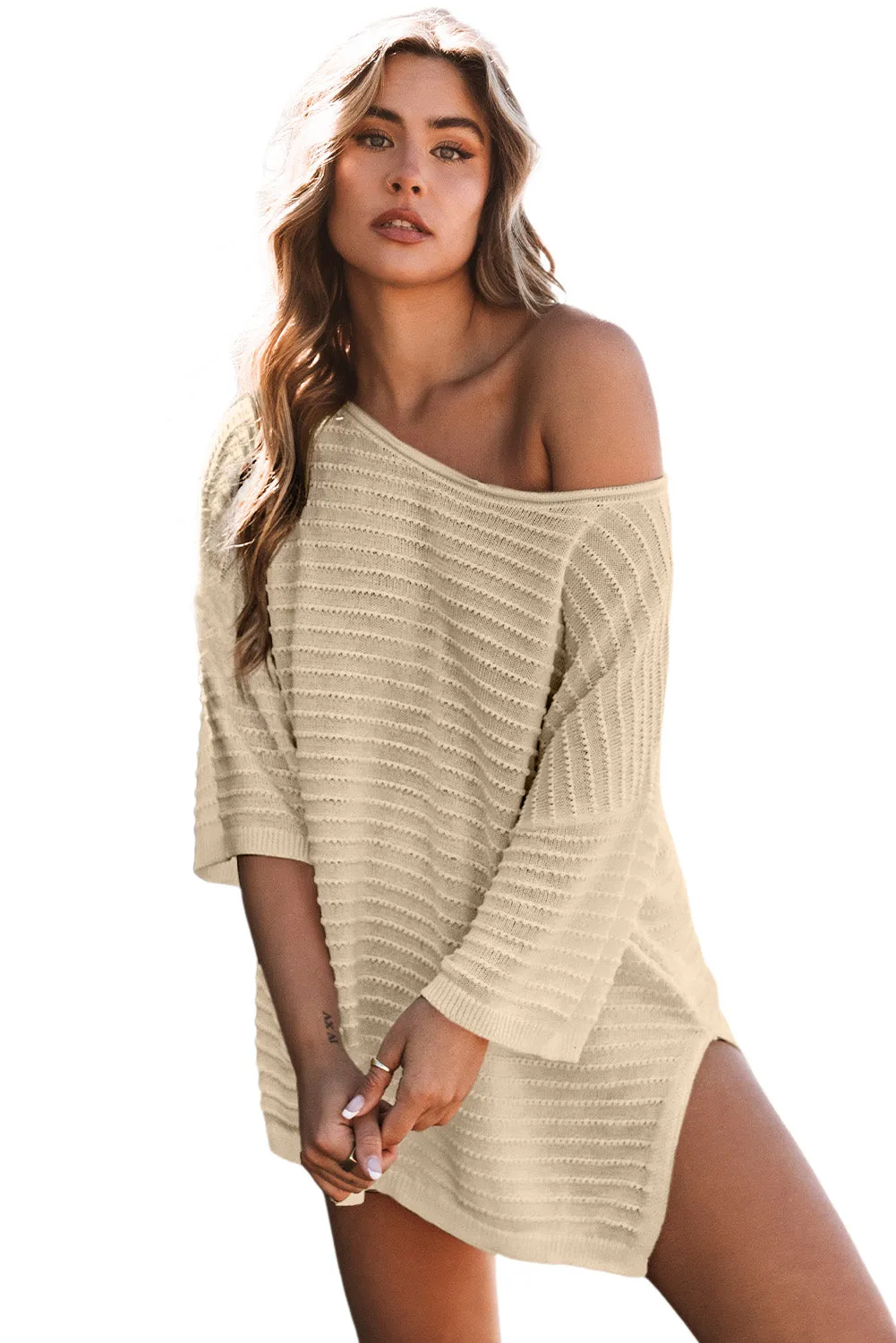 BerryBetty - Apricot Textured Knit Drop Shoulder Tee