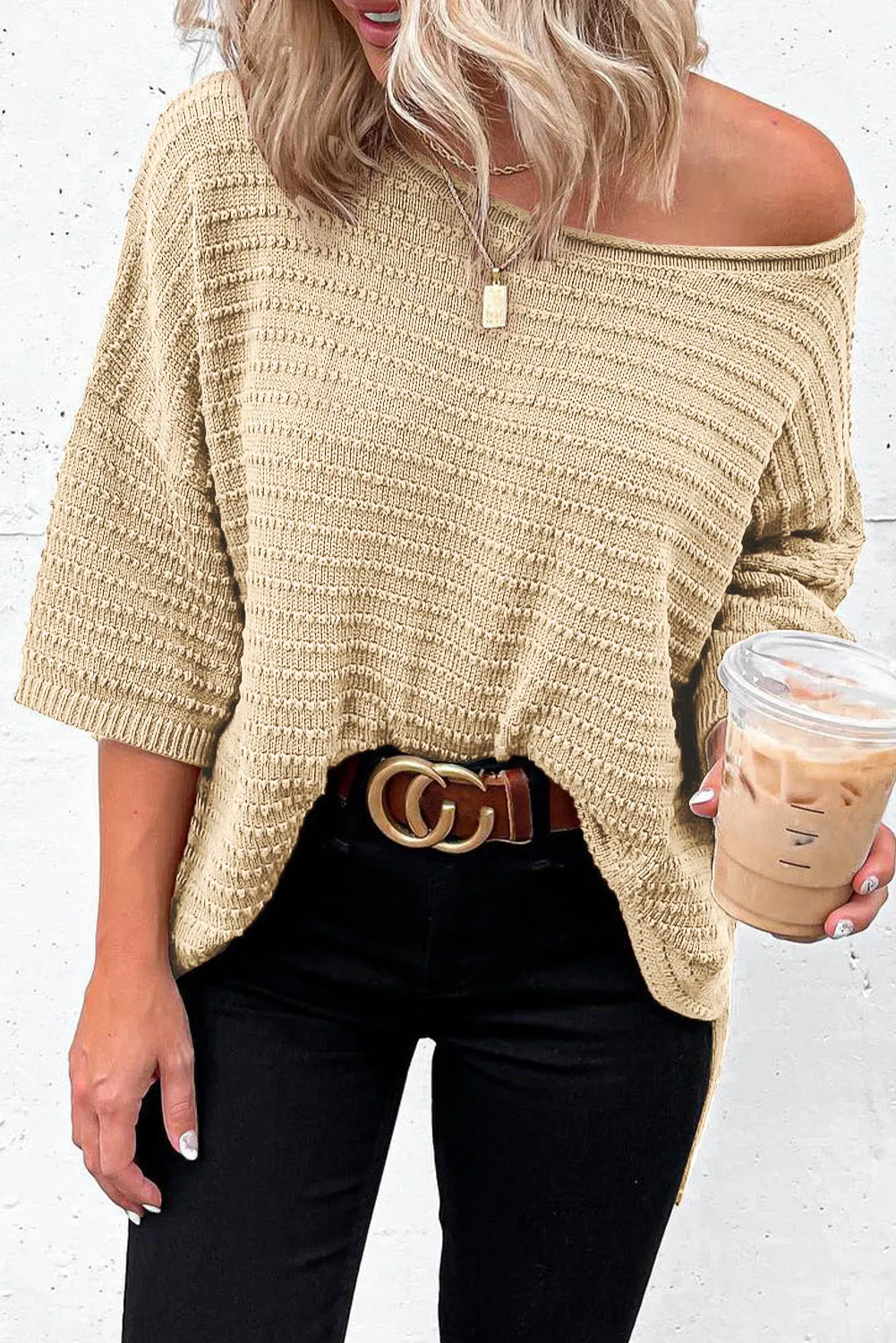 BerryBetty - Apricot Textured Knit Drop Shoulder Tee