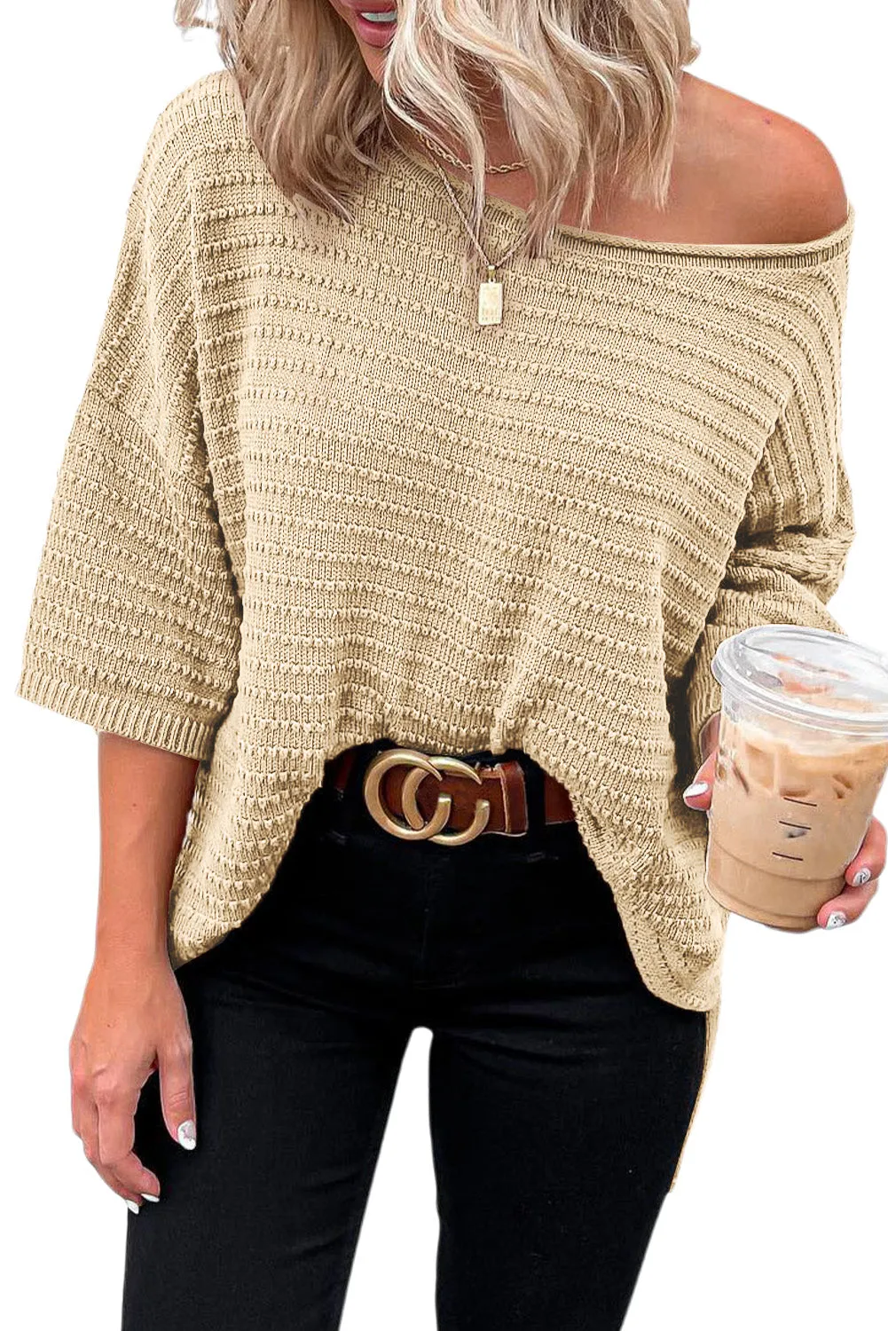 BerryBetty - Apricot Textured Knit Drop Shoulder Tee