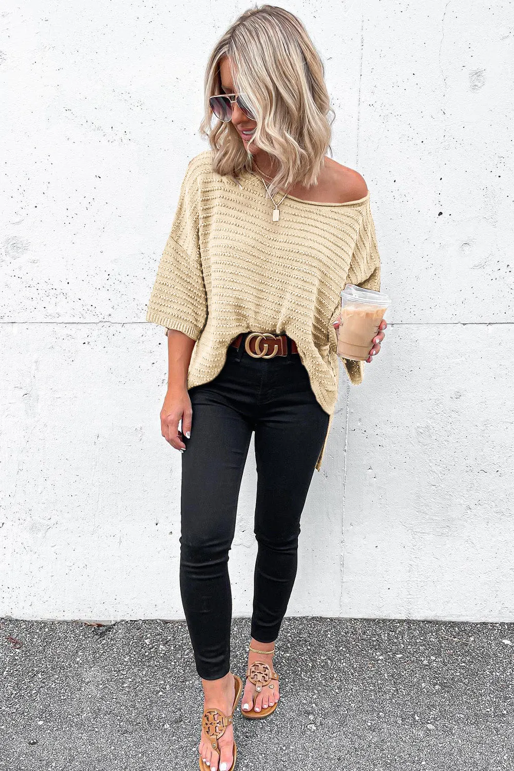 BerryBetty - Apricot Textured Knit Drop Shoulder Tee