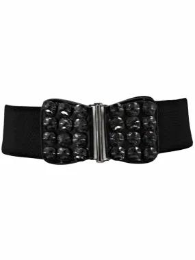 Black Elastic Waist Belt With Smoky Black Gems