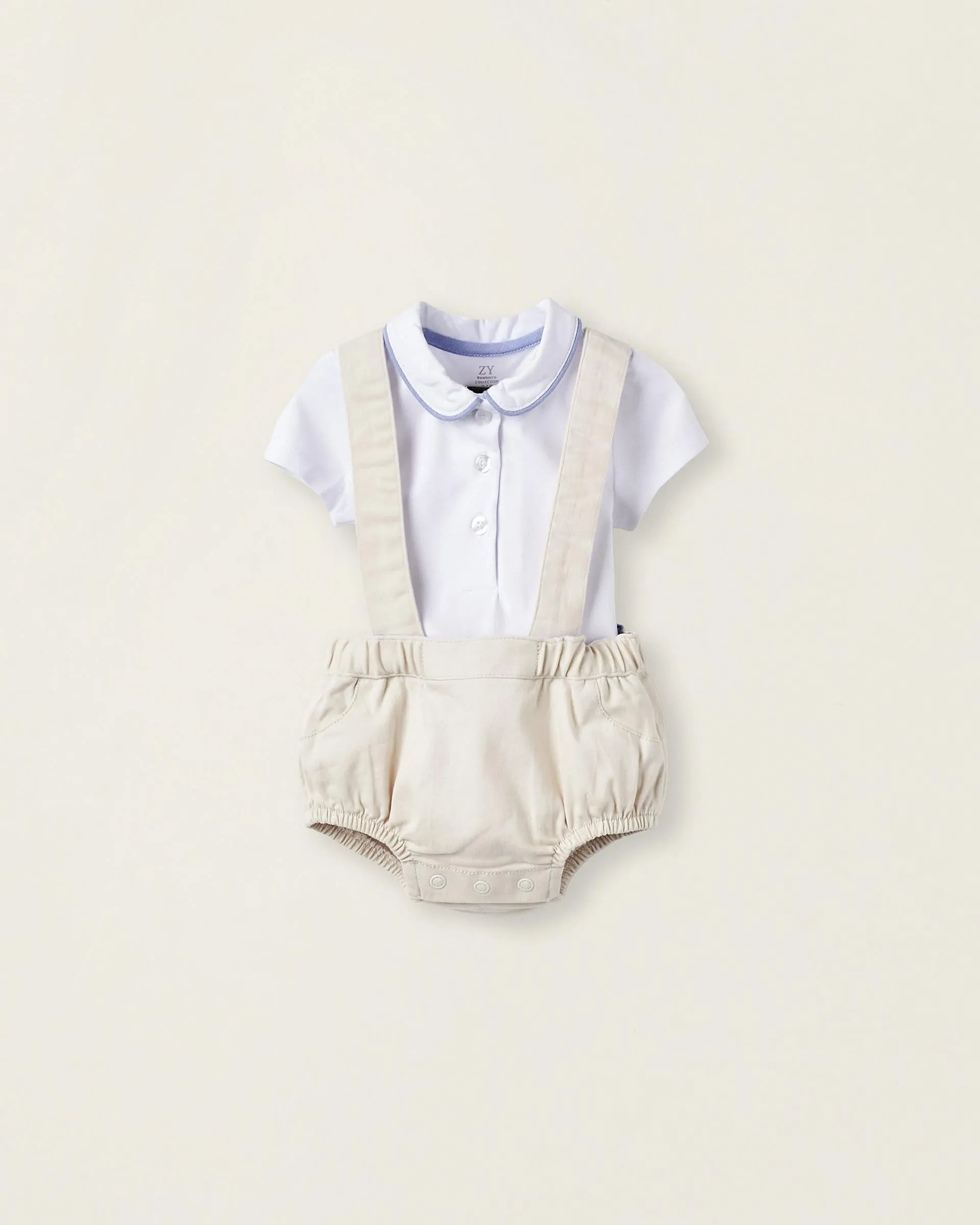 Bodysuit   Bloomers with Removable Straps for Newborn Boys, White/Beige