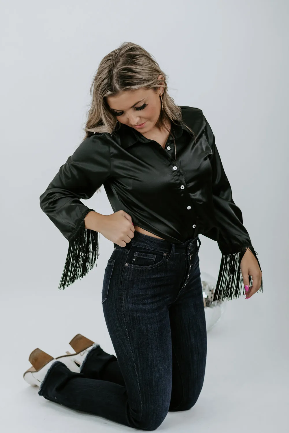 Broadway Babe Satin Top , Black