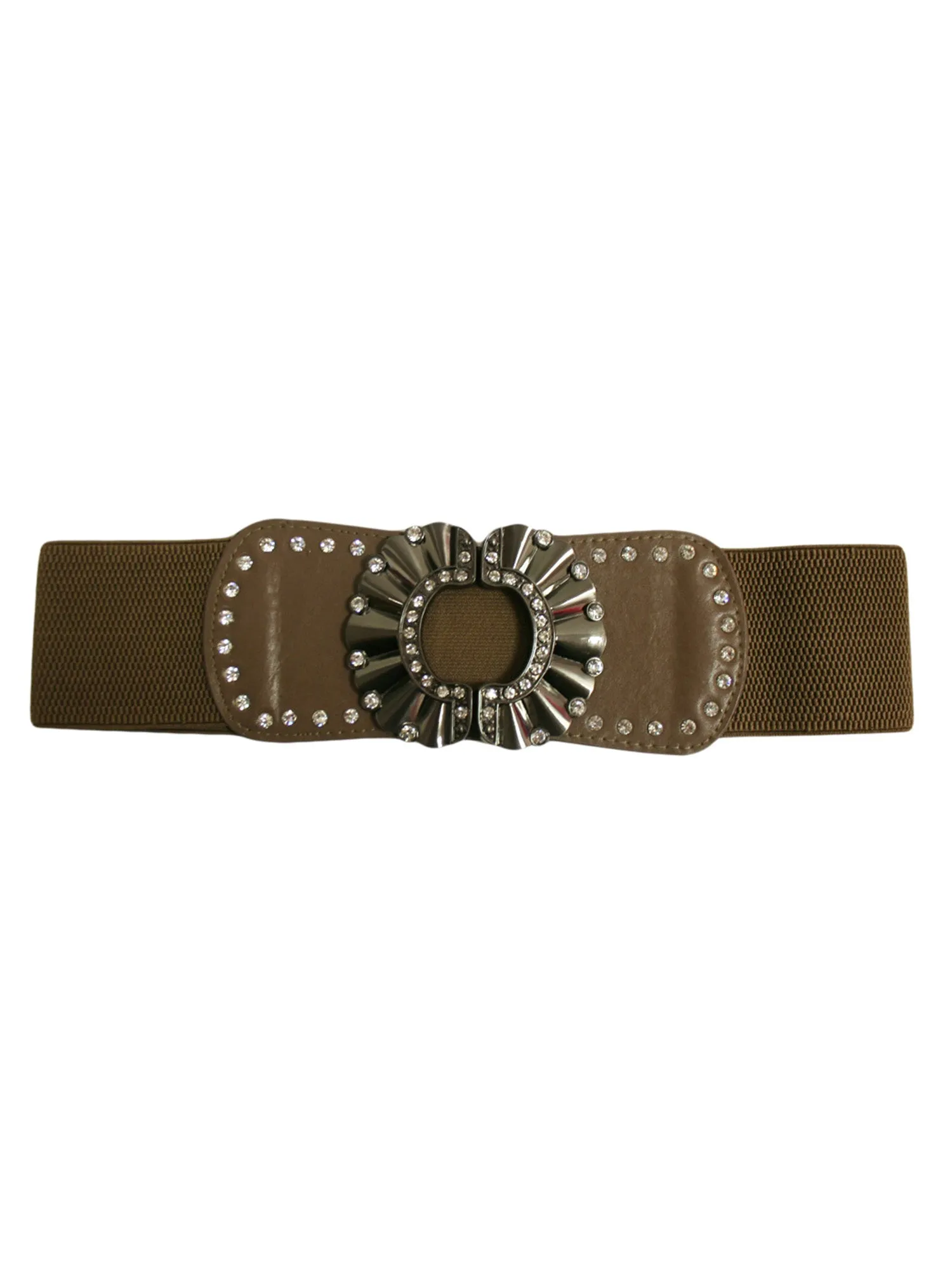 Brown Wide Elastic Waist Belt With Rhinestone Metal Buckle