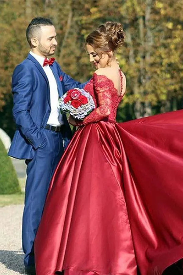 Burgundy Satin Off-The-Shouler Long Sleeves Prom Dress With Train, SP642