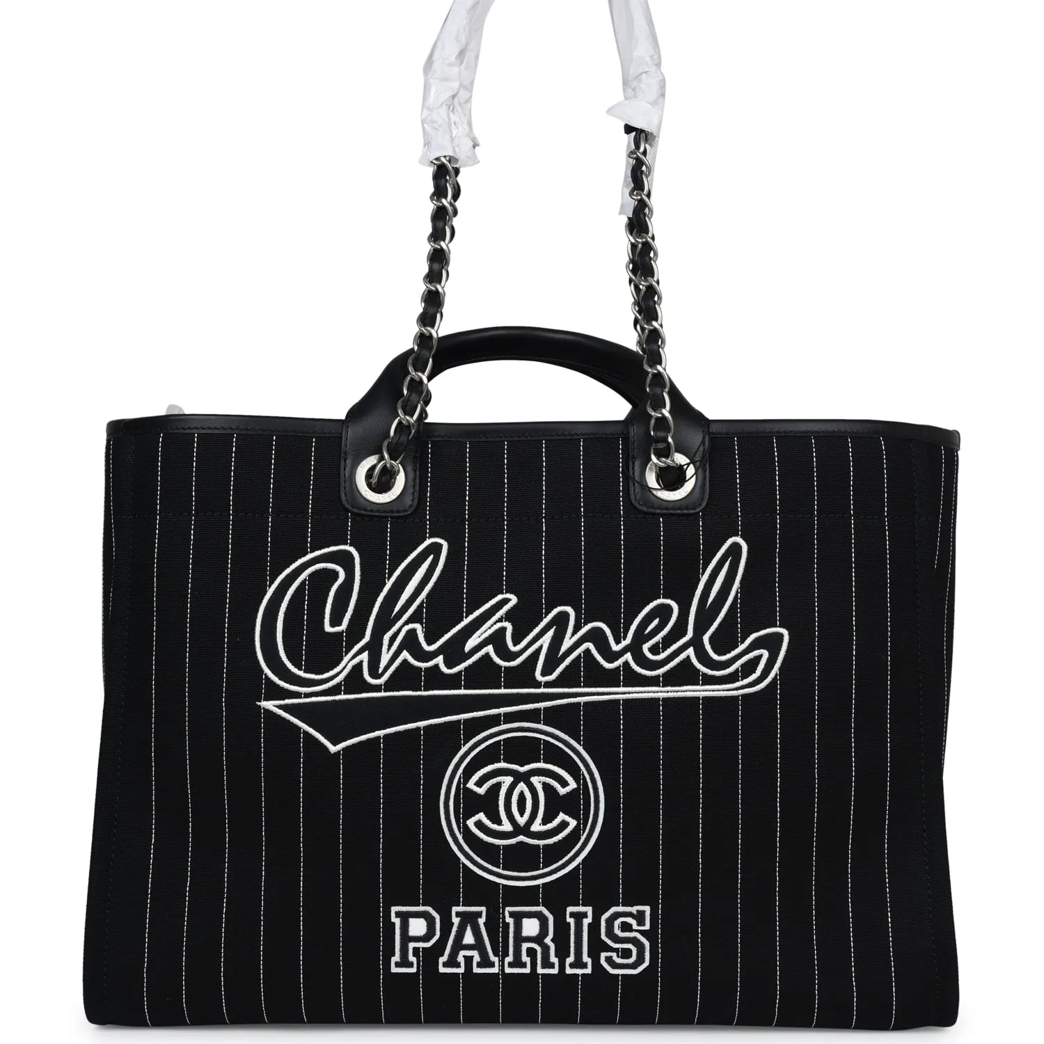 Chanel Large Deauville Shopping Tote Black and White Striped Canvas Silver Hardware