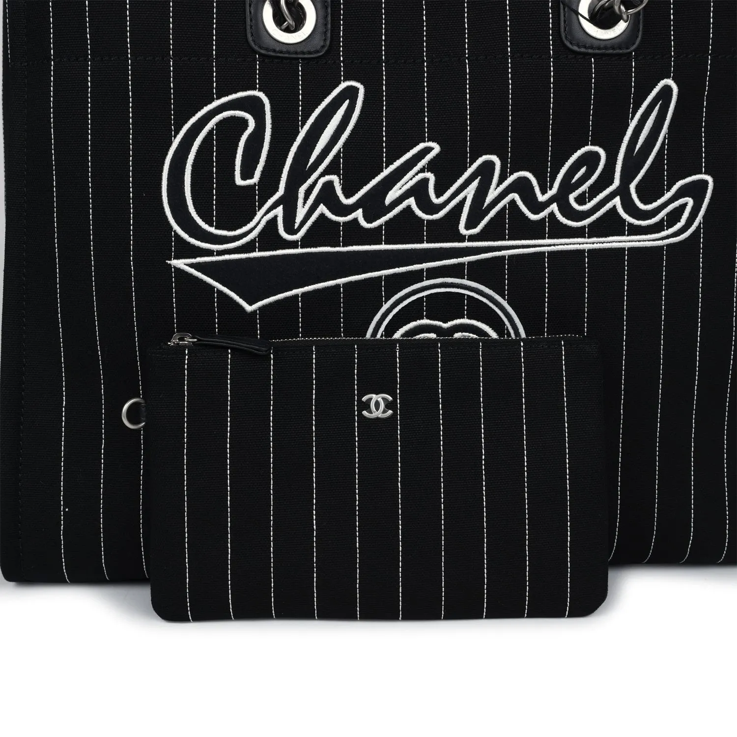 Chanel Large Deauville Shopping Tote Black and White Striped Canvas Silver Hardware