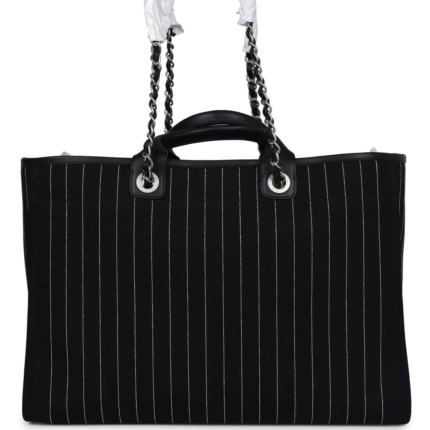 Chanel Large Deauville Shopping Tote Black and White Striped Canvas Silver Hardware