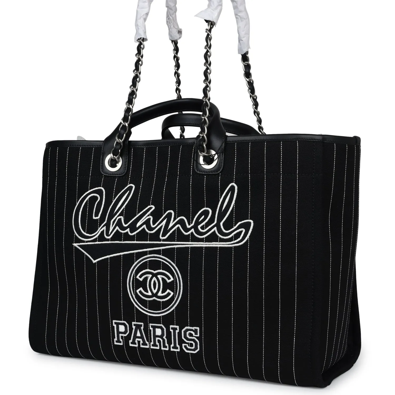 Chanel Large Deauville Shopping Tote Black and White Striped Canvas Silver Hardware