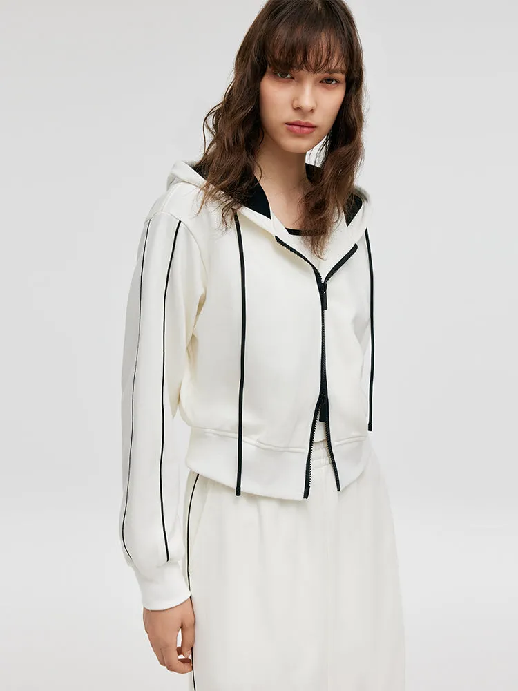 Contrast Trim Crop Zip-up Hoodie And Skirt Two-Piece Set