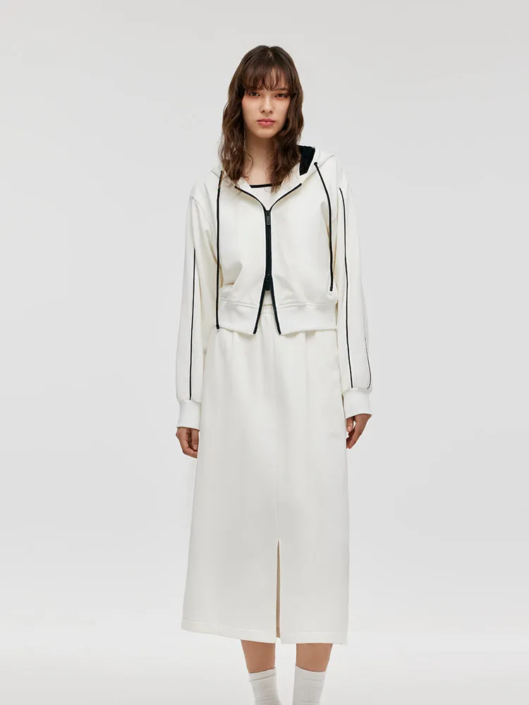 Contrast Trim Crop Zip-up Hoodie And Skirt Two-Piece Set