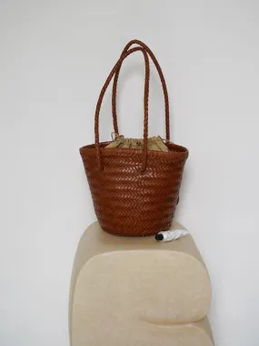 Cowhide Leather Hand Woven Bucket Bag | Open Rattan Woven Triple Jump Bamboo Ladies Hobo Holiday Bag | Weekend Basket Bag | Small Beach Bag