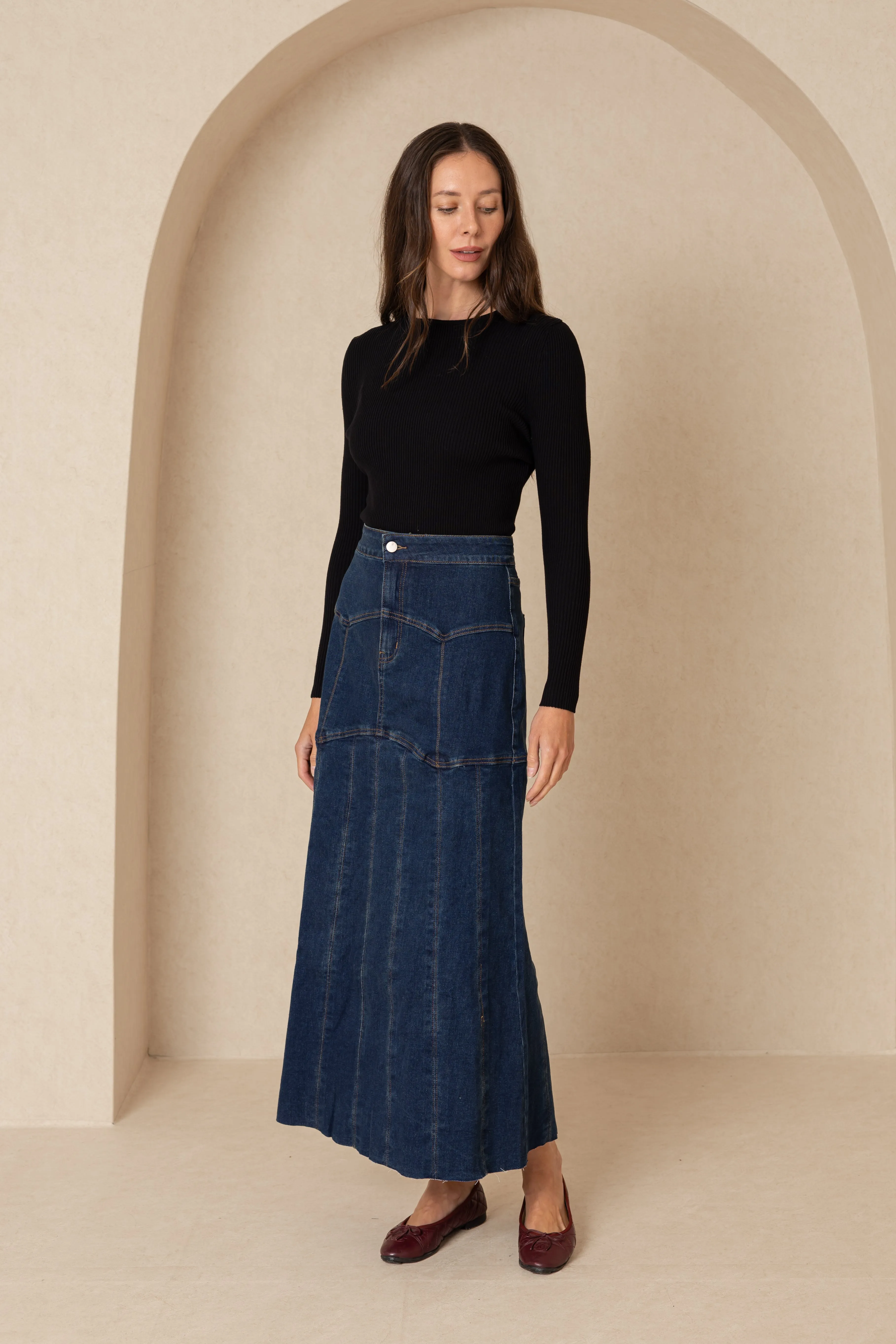 Dark Blue Panel Denim Skirt